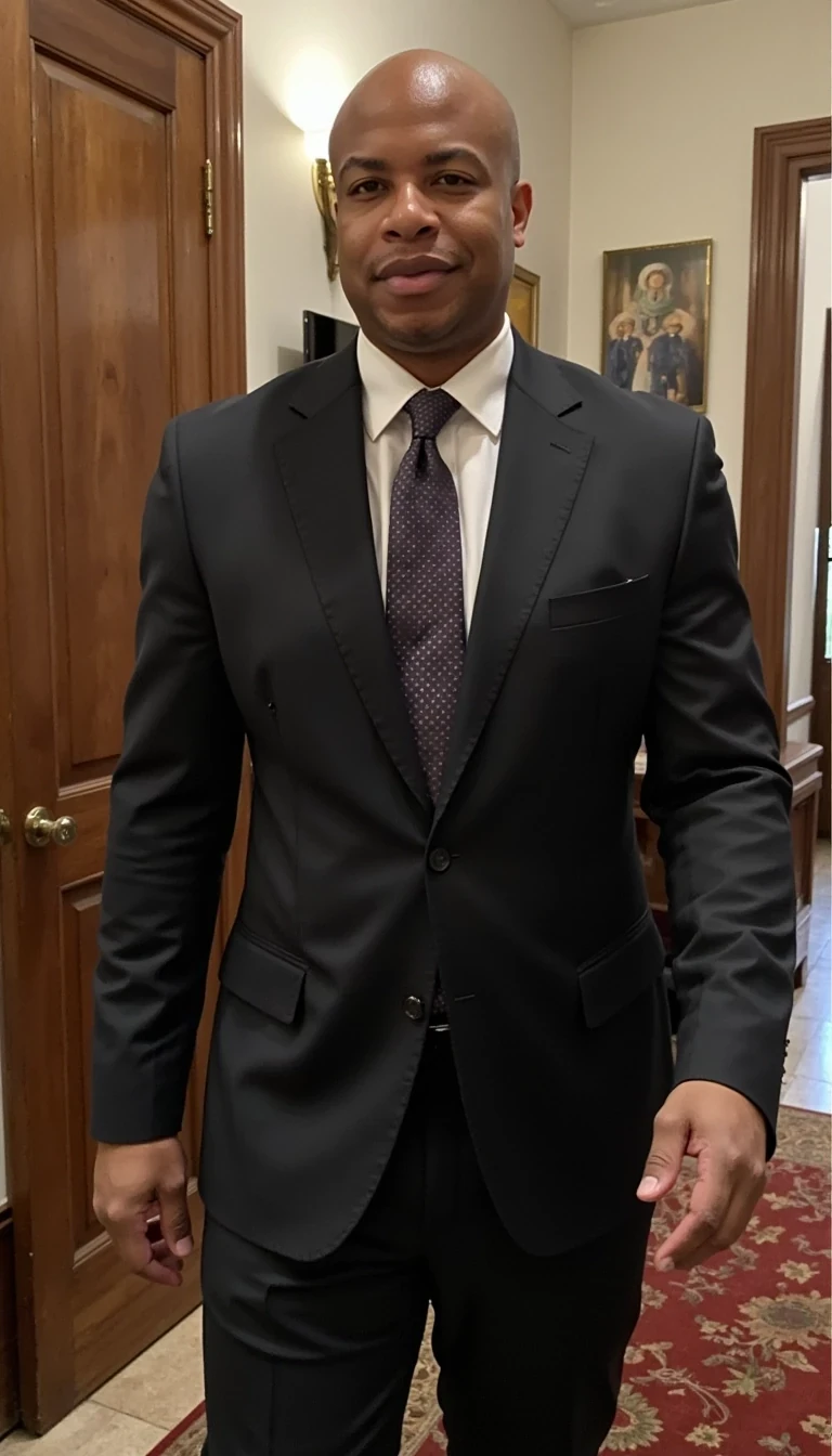 Human filter, walking into senate, preppy look and same face of Carter with bald head, real and younger look, cstmdl