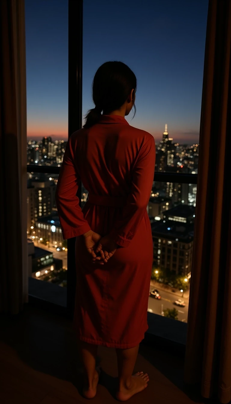 Model age: 30
Ethnicity: French
Style: Powerful, Elegant, Editorial, Dark Glamour, CSTMDL woman
Standing barefoot in robe at night, facing city window, hands behind back, power in solitude