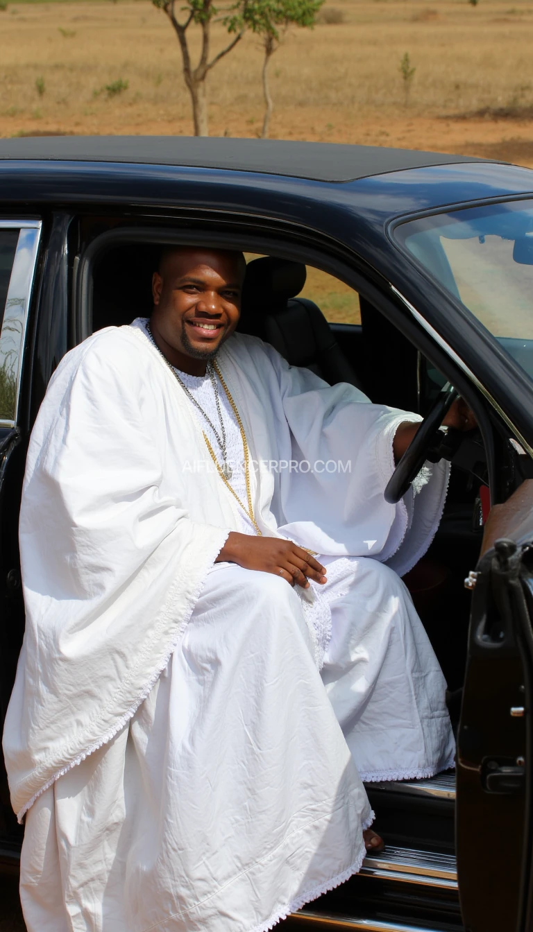 "A regal African man from Uganda, wearing a traditional kanzu (a long, flowing garment resembling a robe or a bedsheet) made of white fabric with a slight sheen. He has a deep, rich brown skin tone, a broad, confident smile, and a strong, angular face with high cheekbones. His head is clean-shaven, adding to his dignified appearance. He is seated behind the wheel of a Rolls-Royce Phantom, its sleek and luxurious design creating a striking contrast with his traditional attire. The car exudes royalty, with its glossy black exterior and chrome detailing, while the man’s expression radiates pride and elegance."