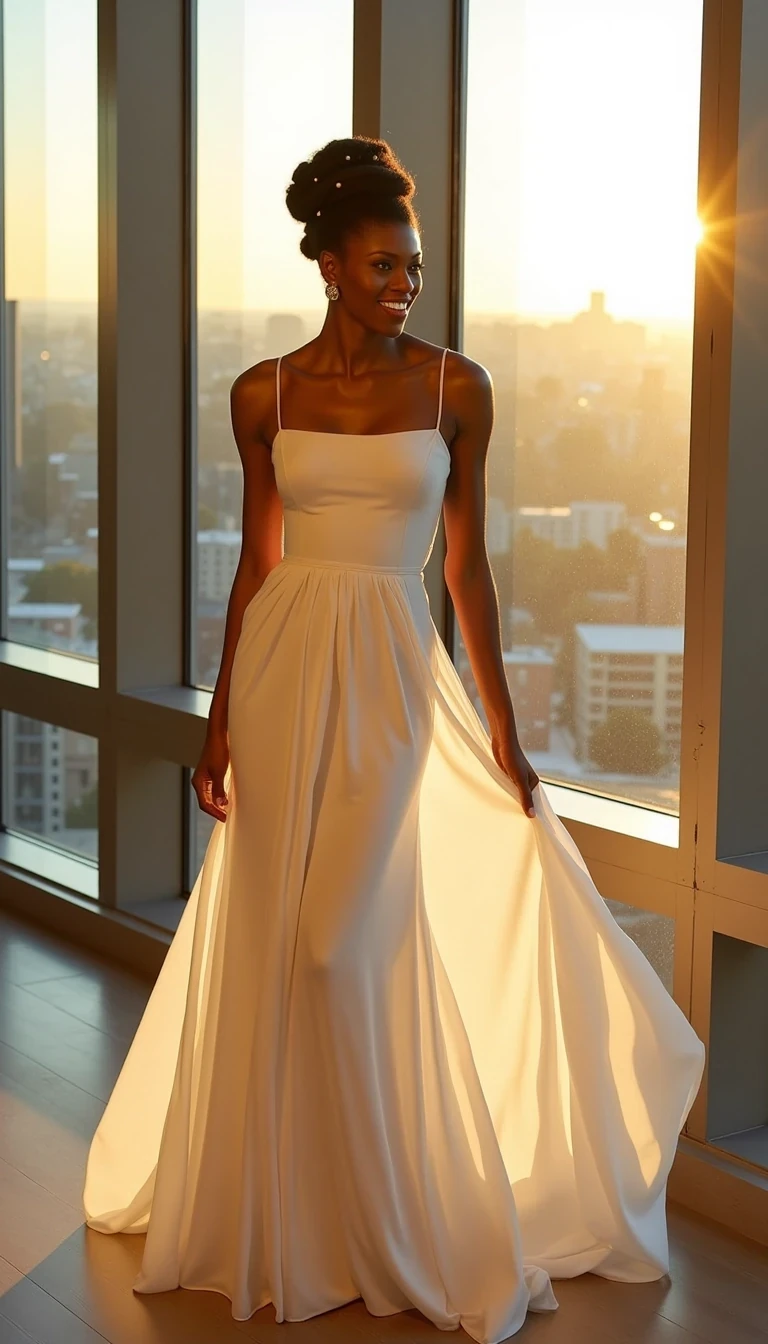 Evening Glamour
Medium shot photo of an African American woman with glowing medium brown skin, wearing a flowing white silk evening gown that contrasts beautifully against her skin. Her natural hair is styled in an elegant updo with delicate pearl pins. She stands in front of floor-to-ceiling windows in a luxurious penthouse, with city lights twinkling behind her. The golden hour sunlight streams through the windows, creating a warm, sophisticated atmosphere. Her makeup is natural yet glamorous, emphasizing her high cheekbones and radiant smile. The lighting creates soft shadows that accentuate the dress's movement and her graceful pose. CSTMDL
