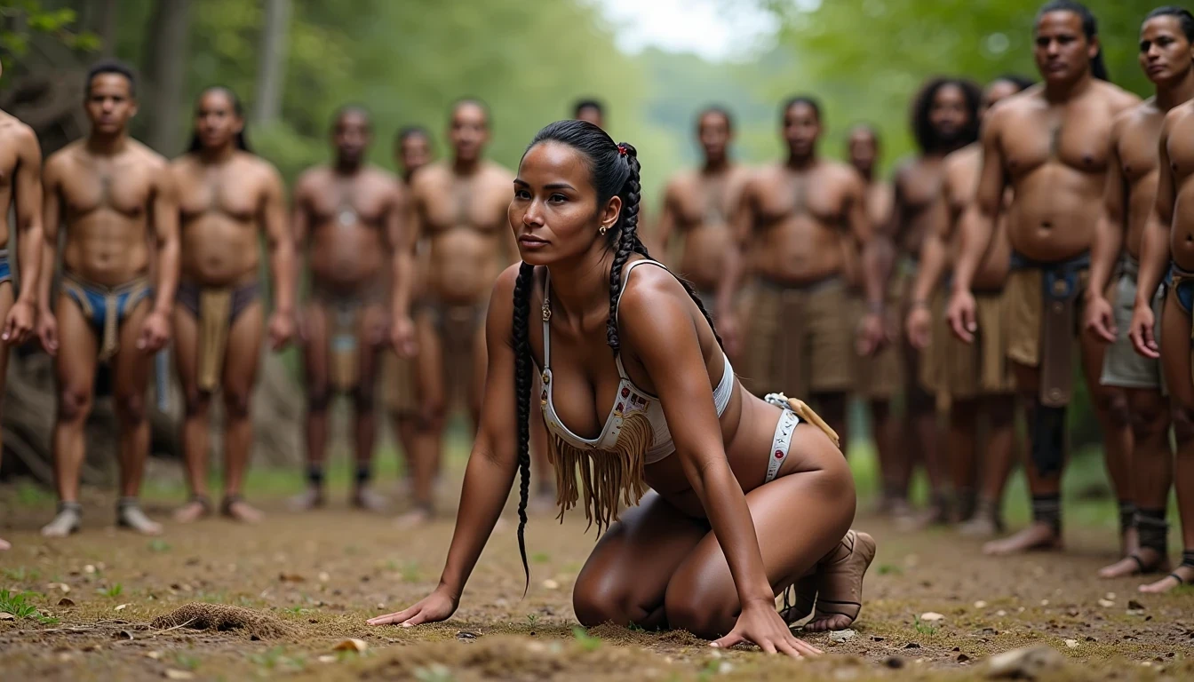 photo of woman CSTMDL, a medium shot photo of, a slim woman, her full body is in the scene, she has a slender petite build with petite small boobs and a flat chest, she has small dark skin nipples with long pointy nipple ducts and small dark skinned areolas, her hair is styled with two long braids, she is not wearing earrings, she is wearing daisy duke denim booty shorts, she is wearing a native American style vest over top of her underwear, she is holding her vest open exposing her strapless bra, her bra is a strapless white lace bra, her nipples are visible through her bra, she is wearing ankle height smoked hide moccasins, natural lighting, natural light, amateur photography, shot on an iPhone, she is posing bent over on all fours on the ground with her legs spread apart in in a wooded area in front of a fat native American man, she is maintaining intense eye contact with the camera, a fat native American men are forming a lineup directly behind her,  public setting, Hyper realism, 16k, uhd, ultra-sharp focus, perfect meshes and textures, highly detailed, highly accurate reflections, natural lighting, natural light, amateur photography, 