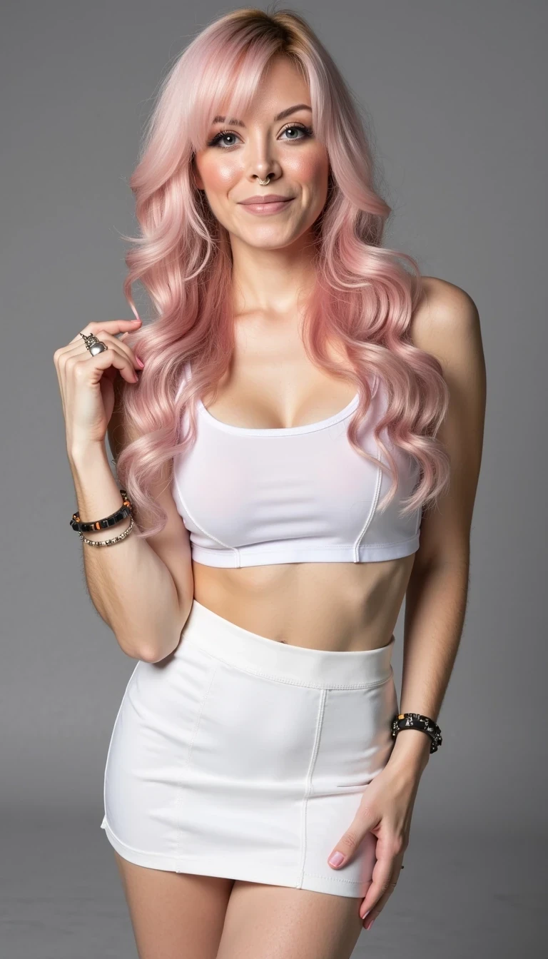 SFW, wavy pale pink Hair, CSTMDL, abs, detailed face, white latex, form-fitting, mini skirt, low-rise fit, sleeveless, latex top, bracelets, eye liner, parted lips, gray portrait background