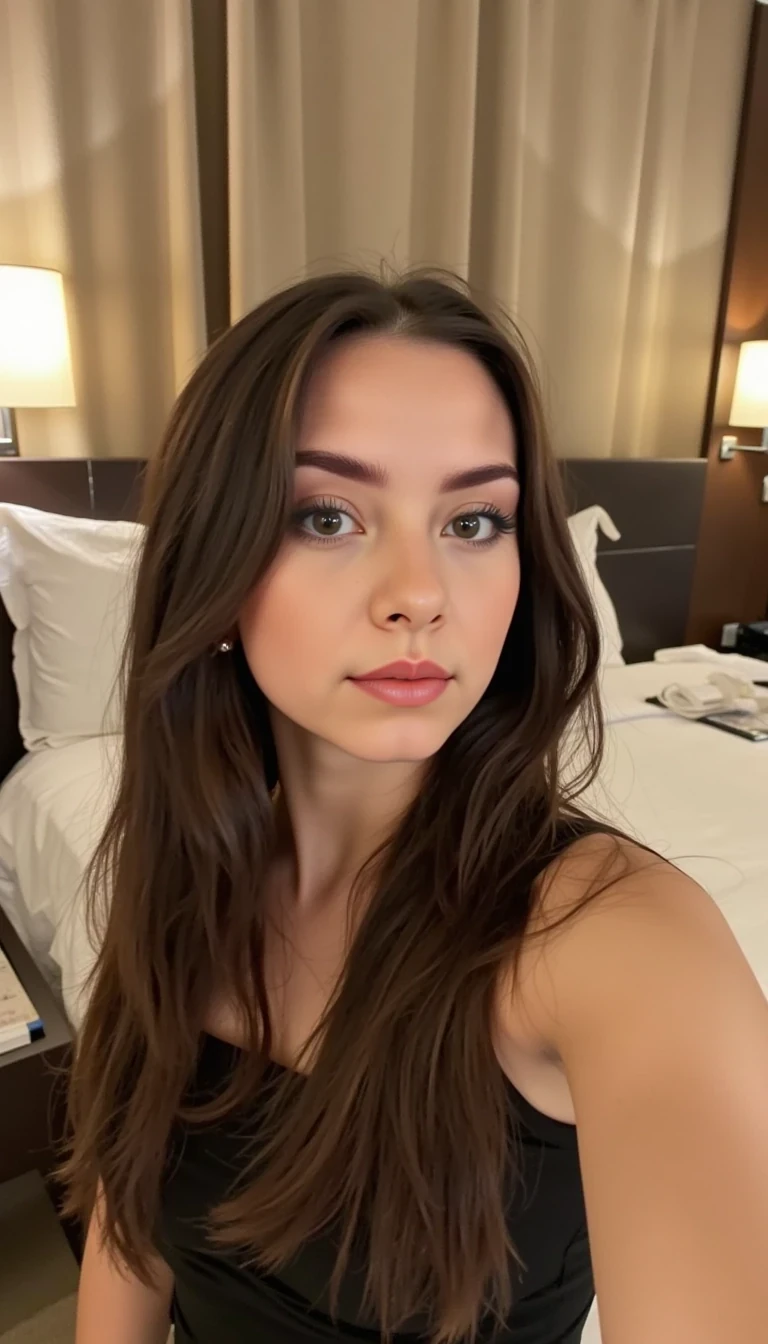 CSTMDL, A grainy amateur selfie of an 18-year-old European girl with pale skin, long straight brown hair, and large expressive brown eyes, standing in a luxury hotel bedroom with romantic lighting, looking directly at the camera with a playful smirk.