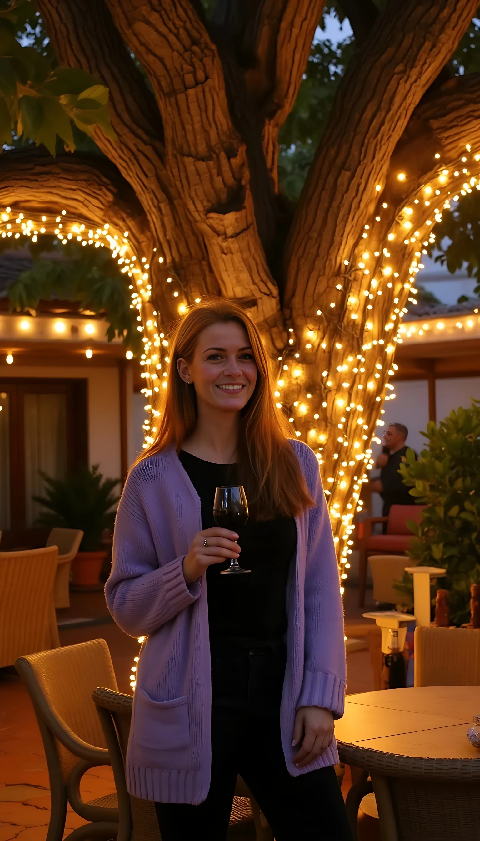A full body shot photo of a woman standing outdoors at a cozy, warmly lit patio in the evening, with soft, glowing lights wrapped around a tree behind them creating a charming atmosphere. The image is rich in detail, with warm tones and clear textures throughout. The woman has fair skin, a slim build, and long reddish-blonde hair, also worn loose. She is smiling warmly at the camera, holding a glass of red wine in her right hand, and wears a soft-textured lavender cardigan over a black top. The background features a large tree with sparkling string lights wrapped around its trunk and branches, adding a magical touch to the scene. The setting suggests a private outdoor seating area, with elements like terracotta-tiled roofing, greenery, and rattan chairs contributing to a serene, inviting vibe. The overall composition is balanced, with the woman framed against the softly glowing tree, and the lighting enhances the warm, intimate feel of a quiet evening shared among friends. The details are vivid, with textures of clothing, skin, and background elements clearly visible, while the warm lighting creates a relaxed and joyful mood