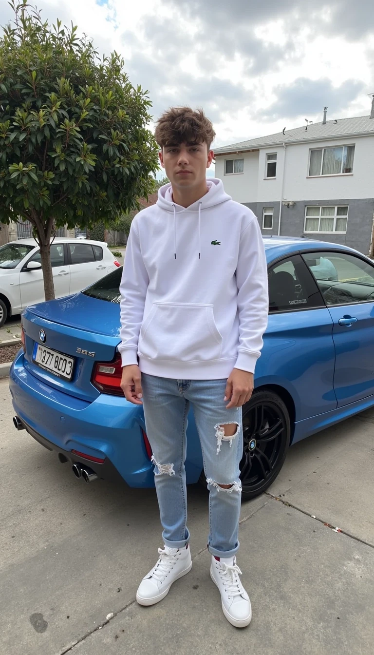 CSTMDL - The image depicts a young masculine 180cm 90kg man standing and in far away is back blue car, specifically a BMW M2 2024 in colour: baby blue. He wears a white hoodie emblazoned with crocodile lacoste logo and scratched jeans. he wears on shoes nike jordan boots, specifically a shite Jordan 1 Retro High Dior. foto from 15 meters, little bit blured face