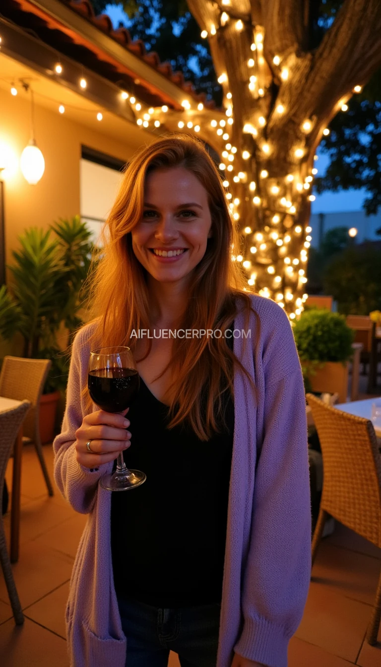 A full body shot photo of a woman standing outdoors at a cozy, warmly lit patio in the evening, with soft, glowing lights wrapped around a tree behind them creating a charming atmosphere. The image is rich in detail, with warm tones and clear textures throughout. The woman has fair skin, a slim build, and long reddish-blonde hair, also worn loose. She is smiling warmly at the camera, holding a glass of red wine in her right hand, and wears a soft-textured lavender cardigan over a black top. The background features a large tree with sparkling string lights wrapped around its trunk and branches, adding a magical touch to the scene. The setting suggests a private outdoor seating area, with elements like terracotta-tiled roofing, greenery, and rattan chairs contributing to a serene, inviting vibe. The overall composition is balanced, with the woman framed against the softly glowing tree, and the lighting enhances the warm, intimate feel of a quiet evening shared among friends. The details are vivid, with textures of clothing, skin, and background elements clearly visible, while the warm lighting creates a relaxed and joyful mood