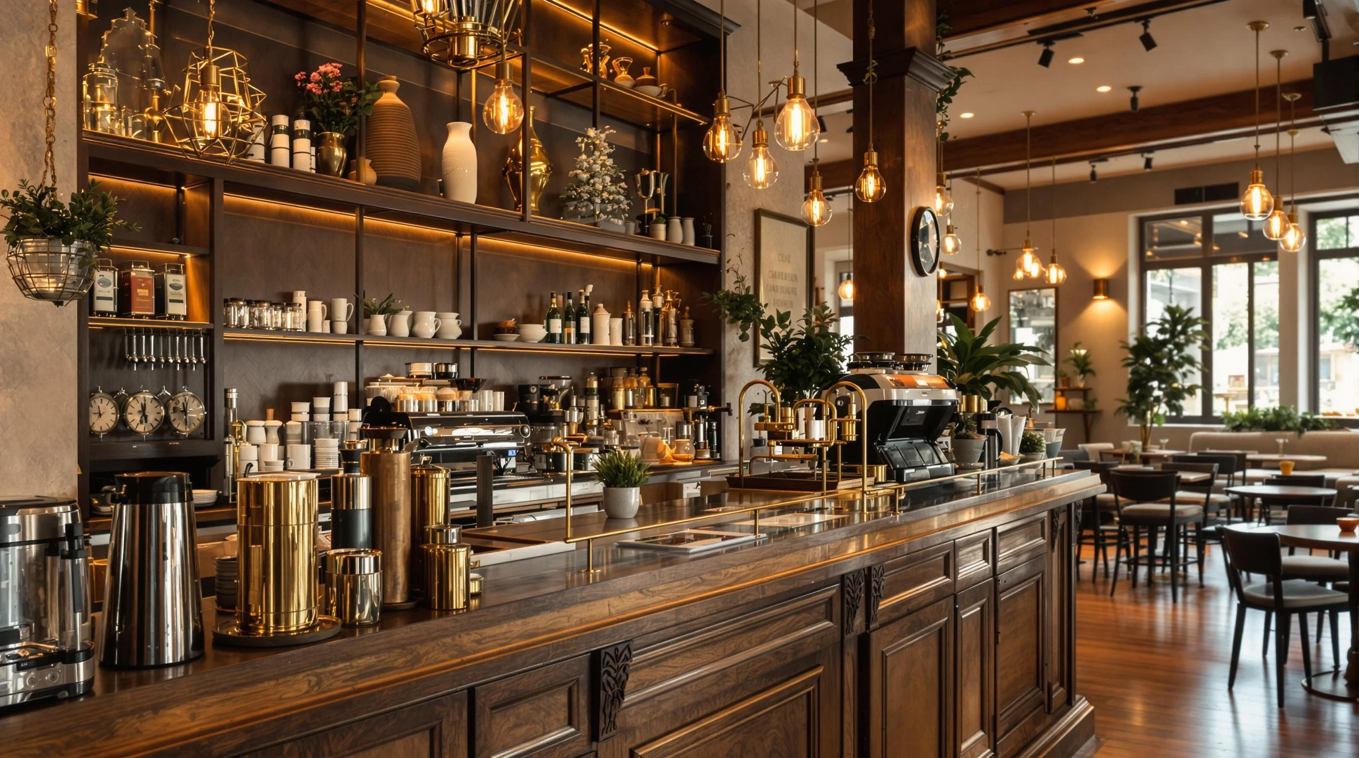"A cozy café interior focused on a stylish coffee bar and countertop, with warm lighting, espresso machine, cups, coffee beans, and elegant decorations. The scene feels calm and inviting, with wood and brass details, and a quiet atmosphere. The background shows a softly lit café space with tables and chairs. Realistic, cinematic, 4K. Text space available on the right."