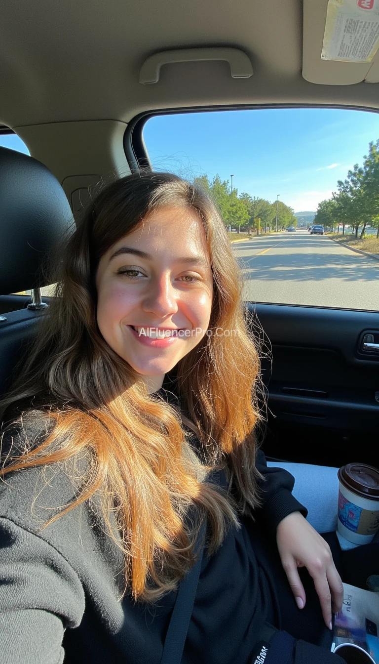 boring low quality snapchat photo circa 2015, A young woman with a warm smile, sitting in the driver's seat of a cozy car. She has soft, wavy brown hair cascading past her shoulders. The sunlight streams through the window, casting a gentle glow on her face. The interior of the car is neat and comfortable, with a coffee cup in the cup holder and a small plant on the dashboard. The background outside the window shows a scenic road lined with trees and blue skies. about 10 years old