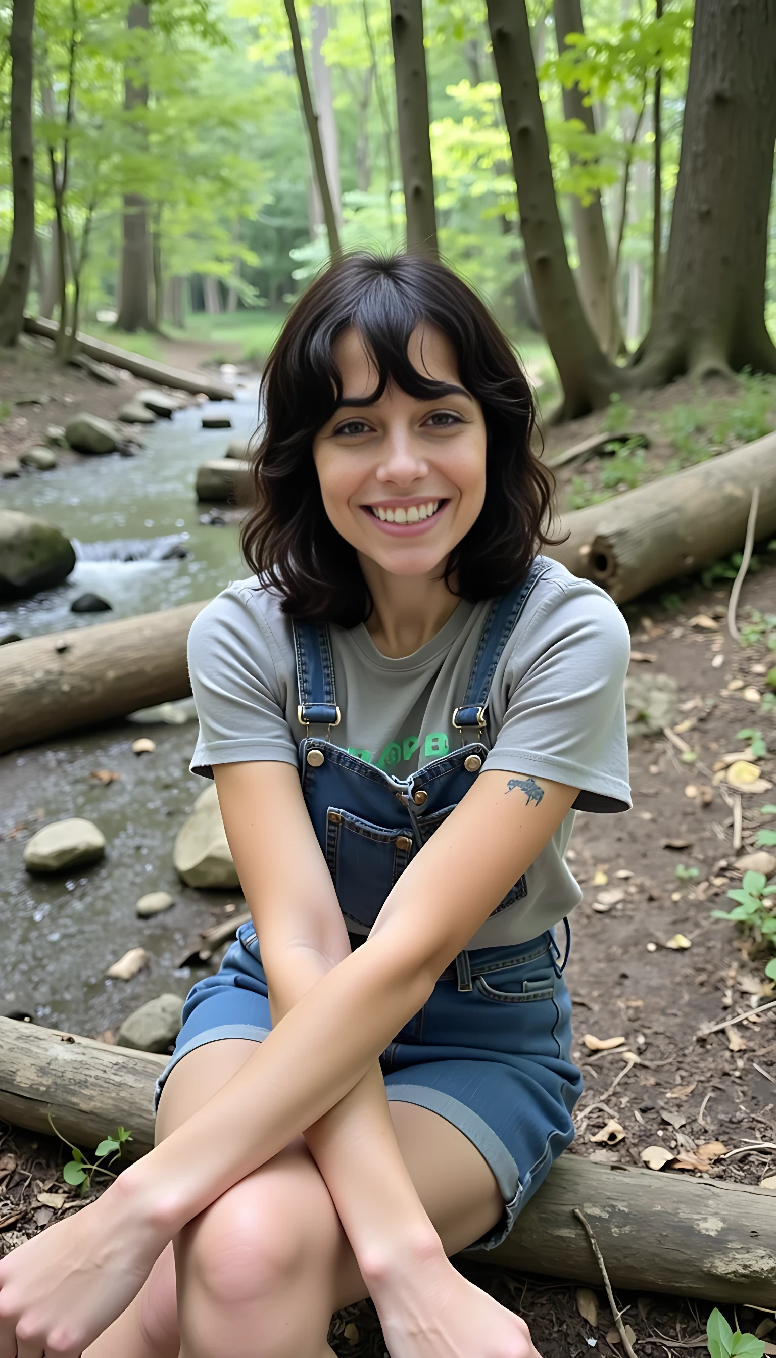 iphone portrait of CSTMDL woman younger Bob length hair hair makeup bangs cute smile brown eyes and sitting in middle of woods next to creek “wizard”  mountains background shopping bags 