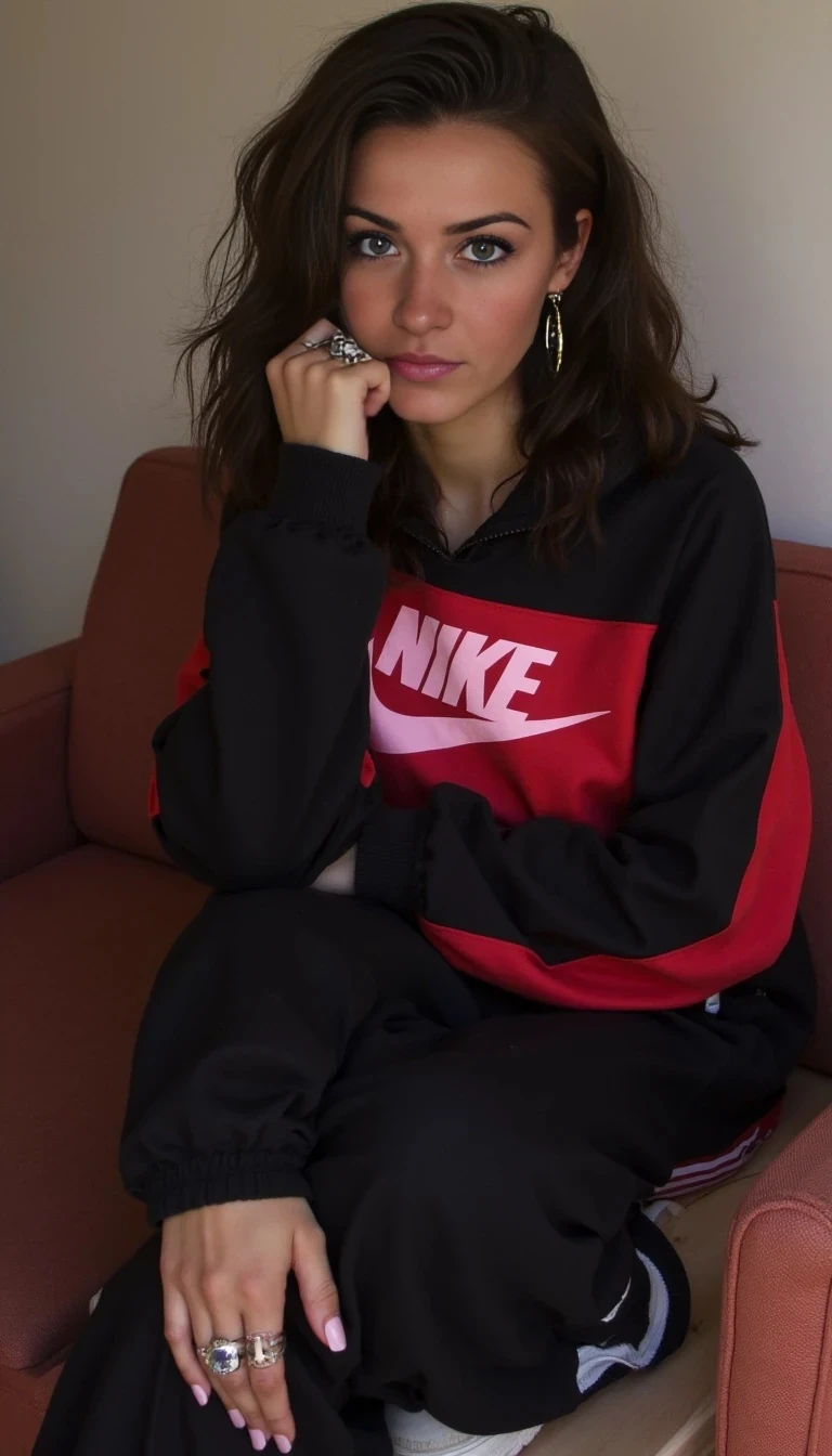 Sitting in a small council flat wearing and Nike tracksuit with hoop earrings rings, looking sexy 