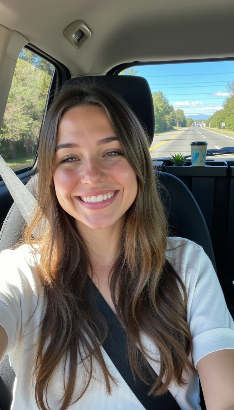 boring low quality snapchat photo circa 2015, A young woman with a warm smile, sitting in the driver's seat of a cozy car. She has soft, wavy brown hair cascading past her shoulders. The sunlight streams through the window, casting a gentle glow on her face. The interior of the car is neat and comfortable, with a coffee cup in the cup holder and a small plant on the dashboard. The background outside the window shows a scenic road lined with trees and blue skies