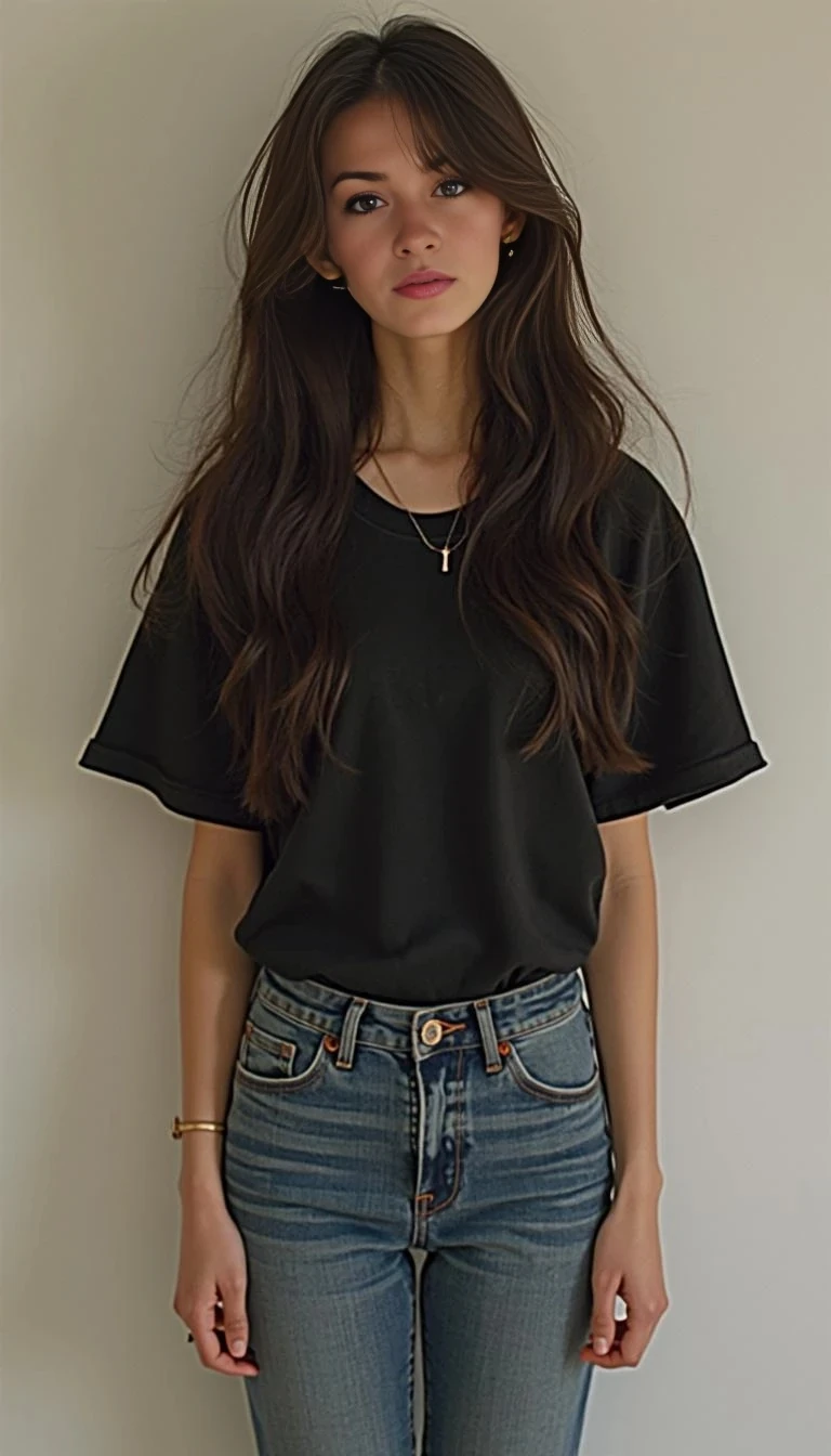 iphone photo, 1girl, photo medium, black shirt, long hair, jeans