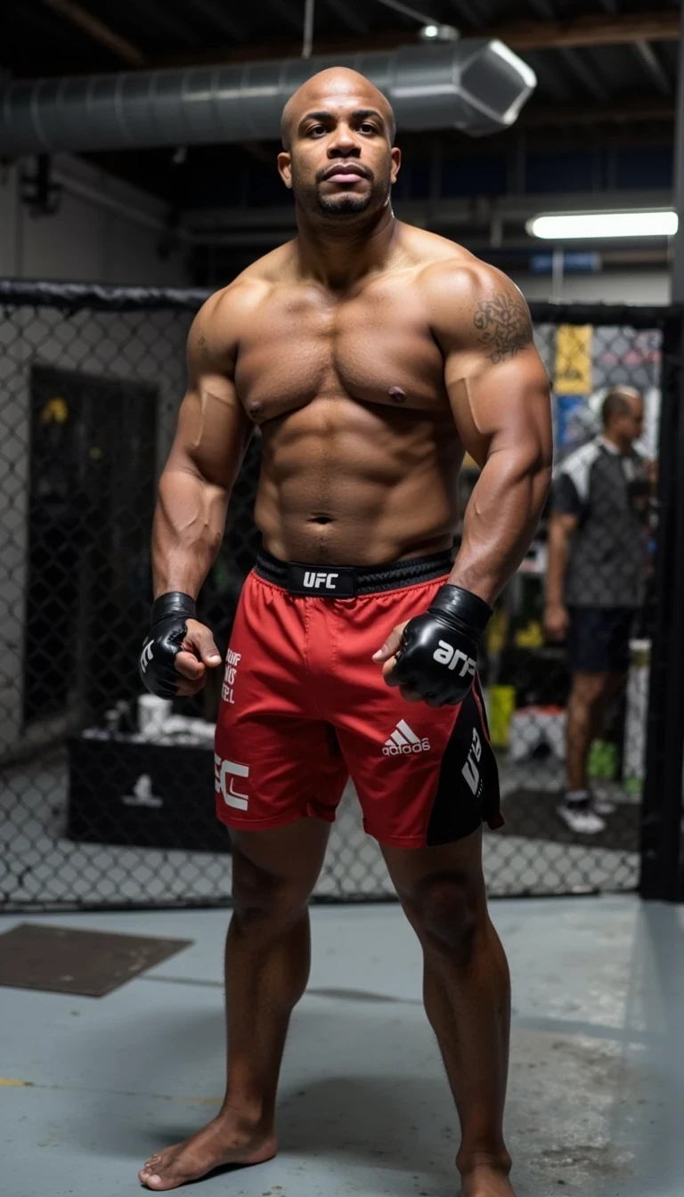 iPhone Photorealistic Full body image. make him more realistic and similar. Powerful fighter, He is wearing ufc fighter shorts and mma gloves . Slim but lightly muscular build. He is looking beyond and to the side of the camera , as if the paparazzi is shooting him while he is standing inside a MMA cage inside a training facility. He looks like a confident stud, CSTMDL, Face of Carter and bald head