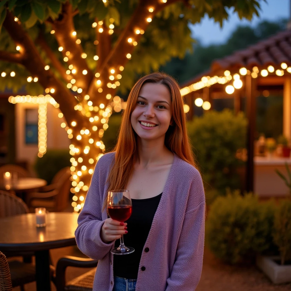 A full body shot photo of a woman standing outdoors at a cozy, warmly lit patio in the evening, with soft, glowing lights wrapped around a tree behind them creating a charming atmosphere. The image is rich in detail, with warm tones and clear textures throughout. The woman has fair skin, a slim build, and long reddish-blonde hair, also worn loose. She is smiling warmly at the camera, holding a glass of red wine in her right hand, and wears a soft-textured lavender cardigan over a black top. The background features a large tree with sparkling string lights wrapped around its trunk and branches, adding a magical touch to the scene. The setting suggests a private outdoor seating area, with elements like terracotta-tiled roofing, greenery, and rattan chairs contributing to a serene, inviting vibe. The overall composition is balanced, with the woman framed against the softly glowing tree, and the lighting enhances the warm, intimate feel of a quiet evening shared among friends. The details are vivid, with textures of clothing, skin, and background elements clearly visible, while the warm lighting creates a relaxed and joyful mood