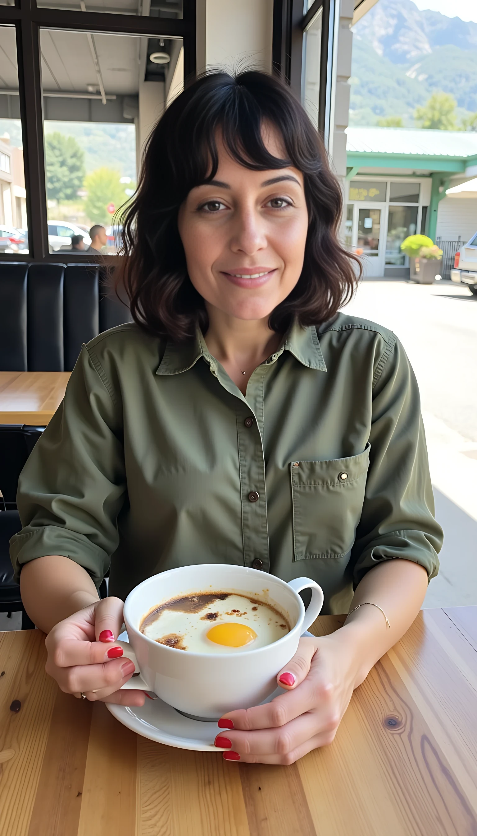 iphone portrait of CSTMDL woman younger Bob length hair hair makeup bangs cute smile brown eyes and sitting in cafe eating eggs and coffee wearing solid green shirt and shorts mountains background 