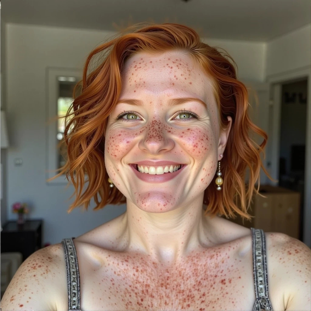 a irish born redhead with short wavy red heat, freckles, green eyes, she is curvy weighs 145 lbs, and has DD breasts, she is happy, with a natural smile








