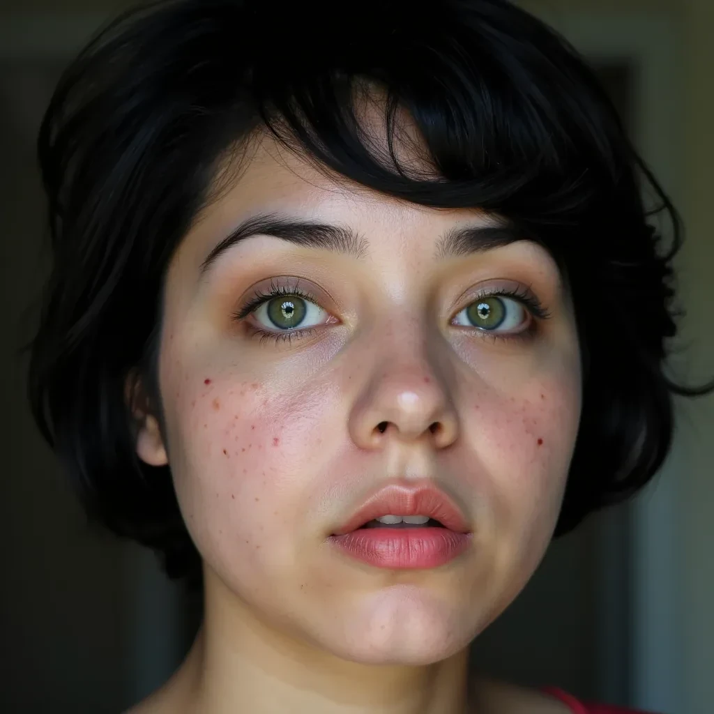 Short black hair, green eyes, plump lips and freckles with pale skin