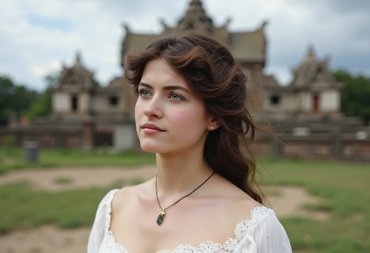 woman CSTMDL, brunette, blue eyes, cold smile, 1900 white clothes, small pendant, tied hair, big breast, medium shot, cambodian khmer ruins in background