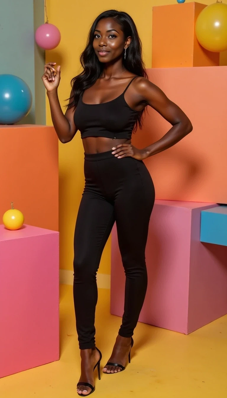 CSTMDL, Gorgeous black woman with flawless dark skin in a professional studio setting, fashionable clothing, vibrant backdrop colors, confident and engaging poses