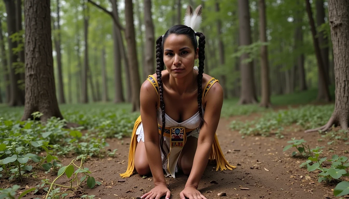 photo of woman CSTMDL, a medium shot photo of, a slim woman, her full body is in the scene, she has a slender petite build with petite small boobs and a flat chest, she has small dark skin nipples with long pointy nipple ducts and small dark skinned areolas, her hair is styled with two long braids she has eagle plumes in her hair, she is not wearing earrings, she is wearing daisy duke denim booty shorts, she is wearing a native American style vest in a golden yellow color over top of her underwear, she is holding her vest open exposing her strapless bra, her bra is a strapless white lace bra, she is wearing white lace panties, she is wearing ankle height smoked hide moccasins, natural lighting, natural light, amateur photography, shot on an iPhone, she is posing bent over on all fours tied up to a tree on the ground with her legs spread wide apart in a densely wooded forest in front of a fat obese giant native American man, she is maintaining intense eye contact with the camera, a fat obese giant native American man is directly behind her holding onto booty, public setting, Hyper realism, 16k, uhd, ultra-sharp focus, perfect meshes and textures, highly detailed, highly accurate reflections, natural lighting, natural light, amateur photography,