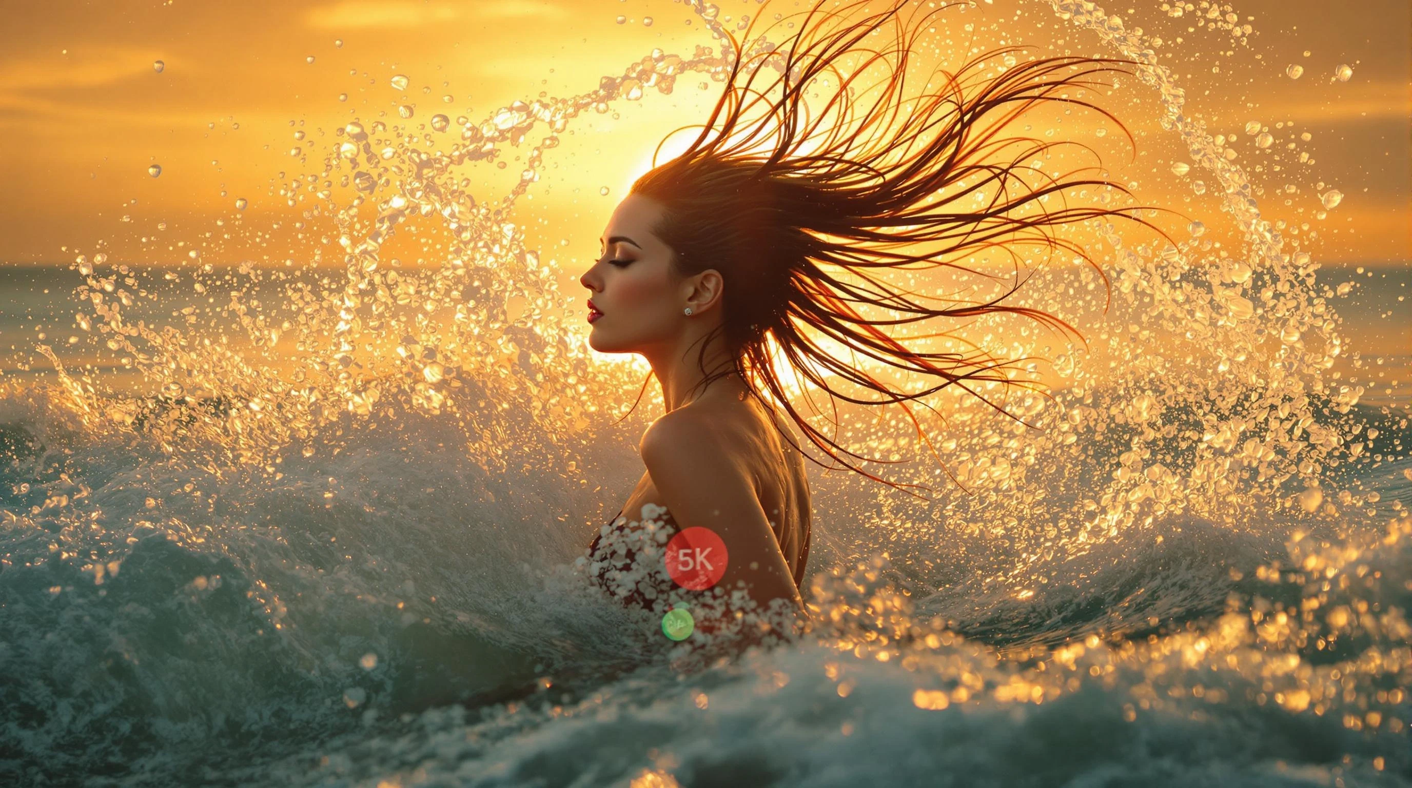 Ultra-realistic cinematic shot of a woman waist-deep in the ocean at sunset, viewed from the side, flipping her wet hair back in a dramatic motion, with water droplets captured mid-air. Golden sunlight reflecting off the waves, creating a warm, vibrant glow. High detail, photorealistic, 8k, dynamic action shot, room in the center for a circular logo overlay.