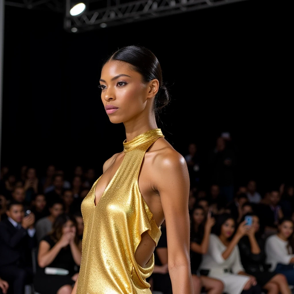 Opening Look
Shot on Sony A1, 70-200mm f/2.8 GM II, ISO 800, 1/1000 sec. Center runway capture of model with light olive brown skin in Schiaparelli gold sculptural gown. Harsh overhead spots at f/11 creating dramatic shadows. Front-row phone lights add sparkle to skin texture. Skin shows runway-ready finish: poreless appearance but natural sheen from movement. Strong stride, 3/4 angle. Background: blurred FROW celebrities, dark atmosphere. Multiple catch lights in eyes from runway lighting grid. CSTMDL