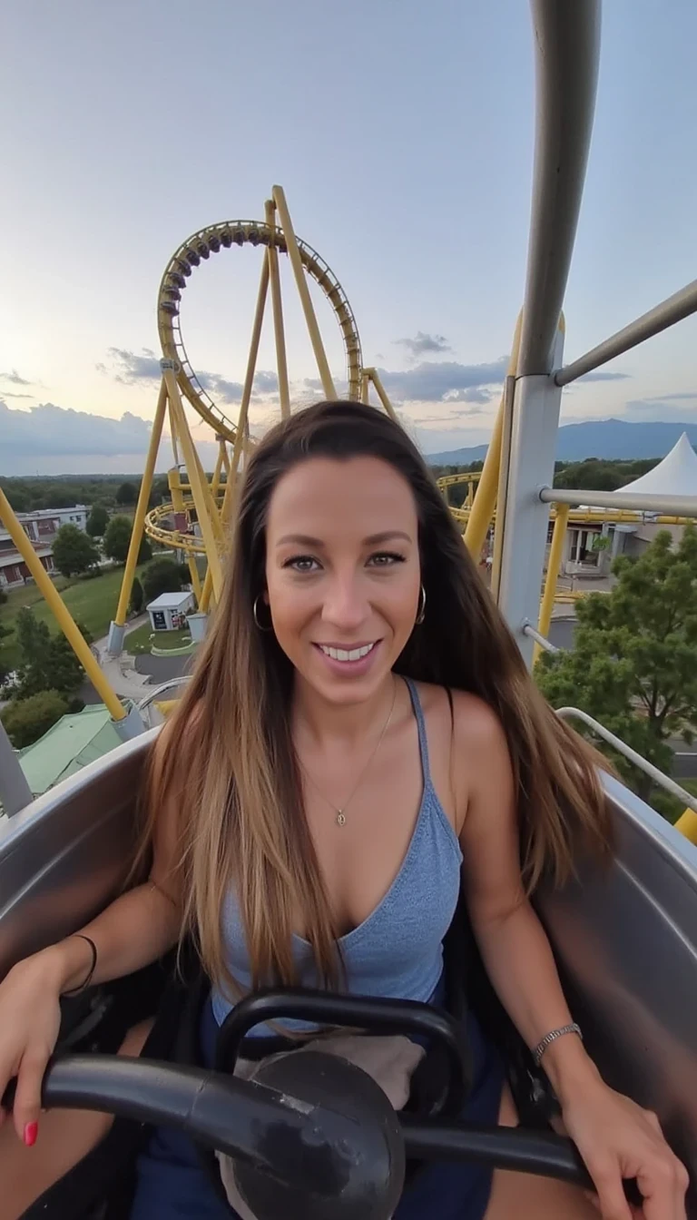 photo of woman CSTMDL, riding a rolercoaster, selfie