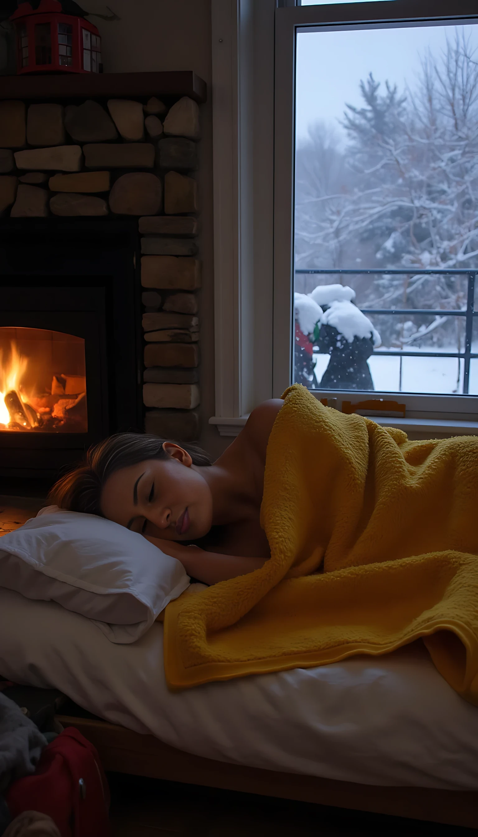 Sleeping under blanket, naked under blanket, fireplace near, window, snowing outside