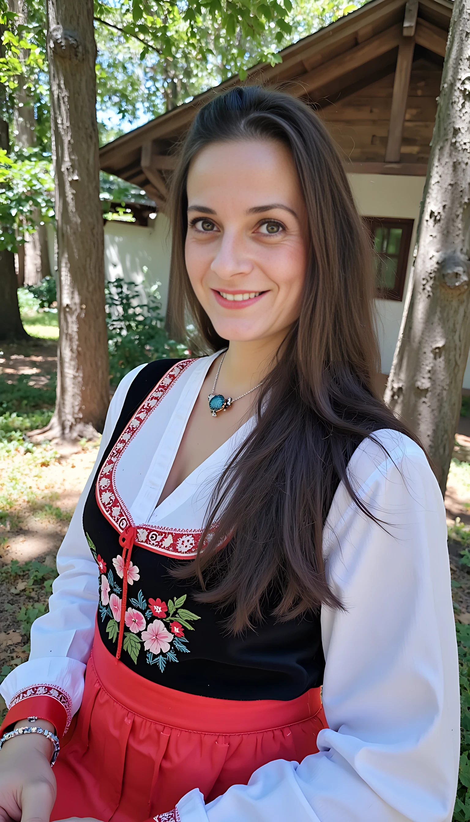 photo of brunette woman CSTMDL shy smile, small puffy saggy tits in turkish historical national costume in turkish village