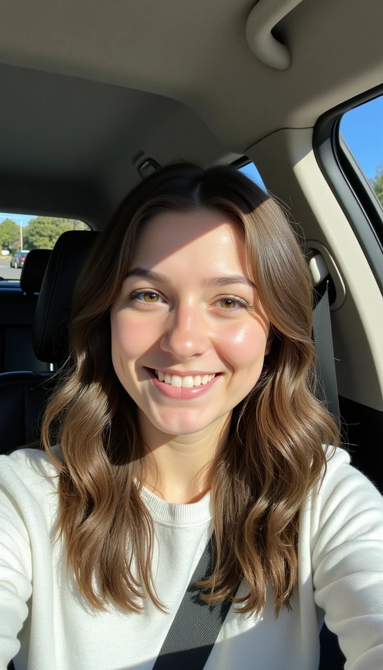 boring low quality snapchat photo circa 2015, A young woman cstmdl with a warm smile, sitting in the driver's seat of a cozy car. She has soft, wavy brown hair cascading past her shoulders. The sunlight streams through the window, casting a gentle glow on her face. The interior of the car is neat and comfortable. The background outside the window shows a scenic road lined with trees and blue skies
