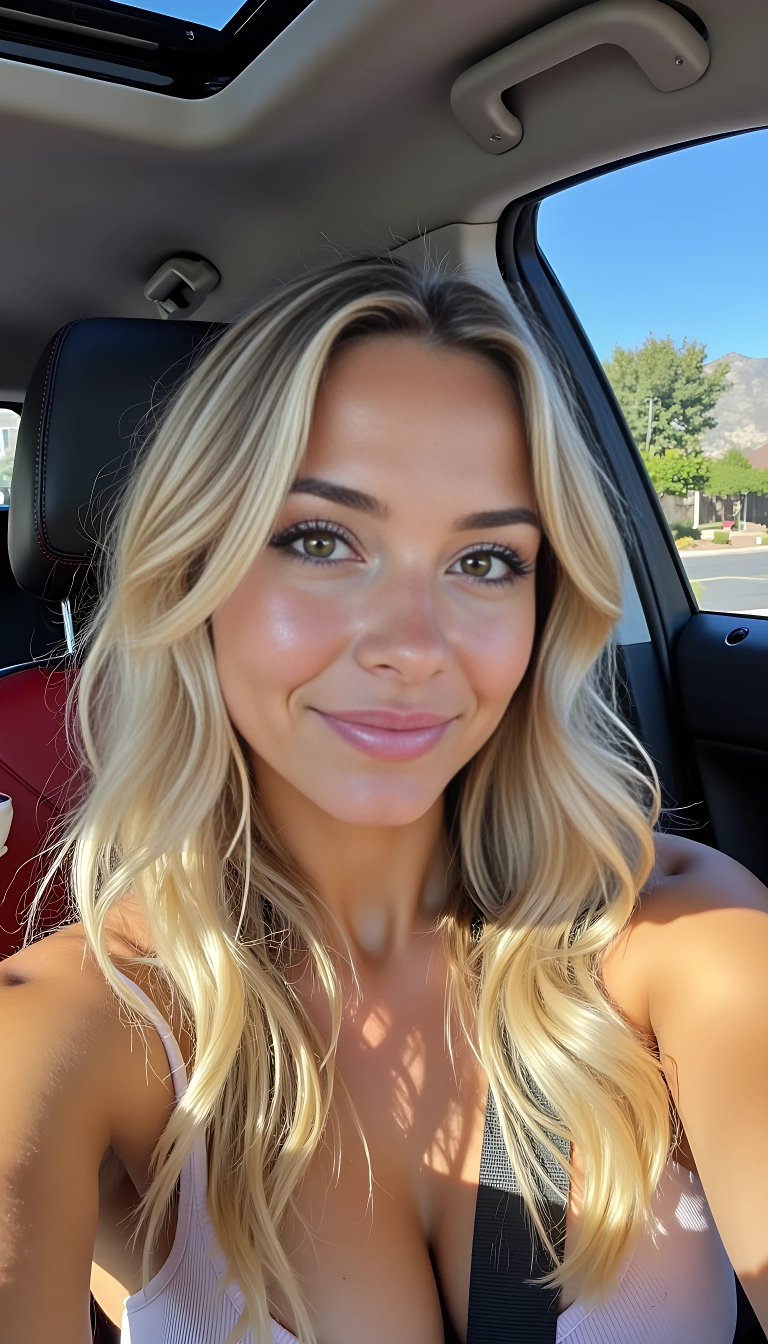 CSTMDL boring low quality snapchat photo circa 2015, CSTMDL A young woman with a warm smile, sitting in the driver's seat of a cozy car. She has soft, long wavy blonde hair. The sunlight streams through the window, casting a gentle glow on her face. The interior of the car is neat and comfortable red and black interior, with a coffee cup in the cup holder and a small plant on the dashboard. The background outside the window shows a scenic road lined with trees and blue skies. Light brown vibrant eyes, 
