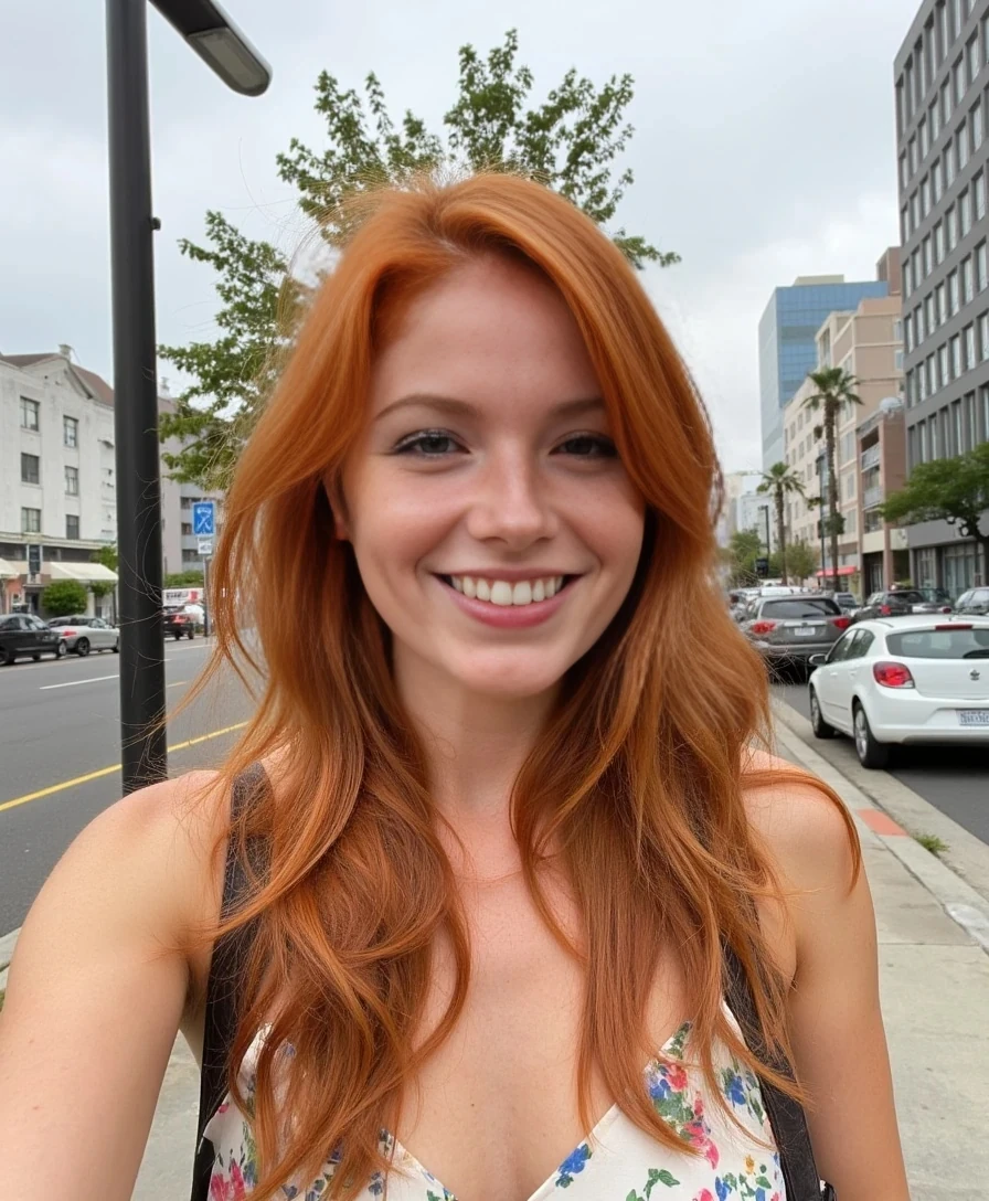 boring low quality snapchat photo, gorgeous smile, soft light red hair, summer style outfit, downtown Los Angeles.