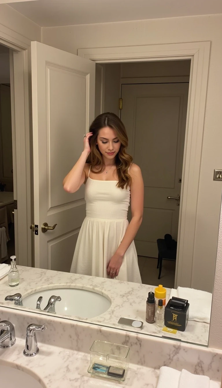 CSTMDL, Inside a marble hotel bathroom, chic outfit, soft lighting, adjusting her hair