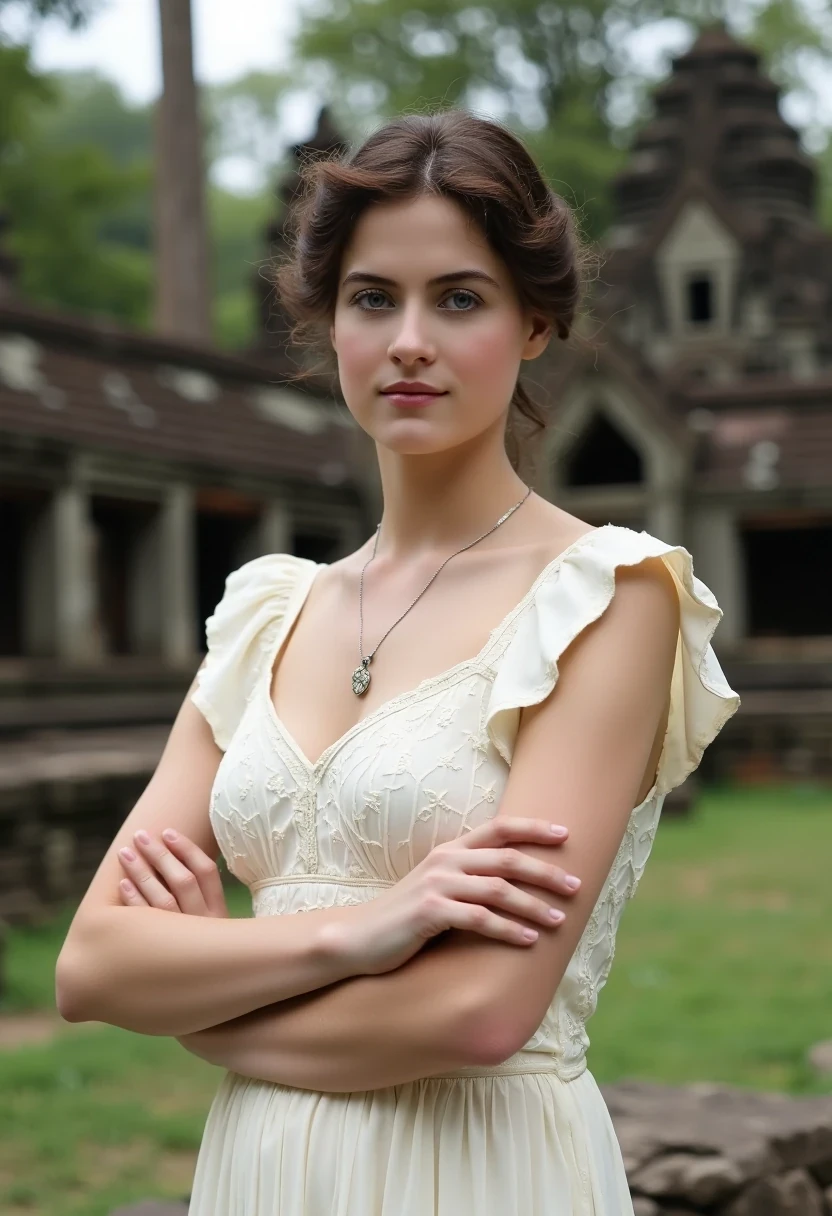 Medium shot of woman CSTMDL, brunette, small pendant, no watch, no ring, hair tied, blue eyes, vintage early 1900 white dress. Her dress is covering and chaste but reveals and highlights her very sexy and feminine curves. her arms are delicately crossed under her breast.
She’s working as an archaeologist at Angkor temple. She’s very confident and looks very professional. Her smile is cold. She exhales smartness. Khmer ruins in the jungle are in the background 