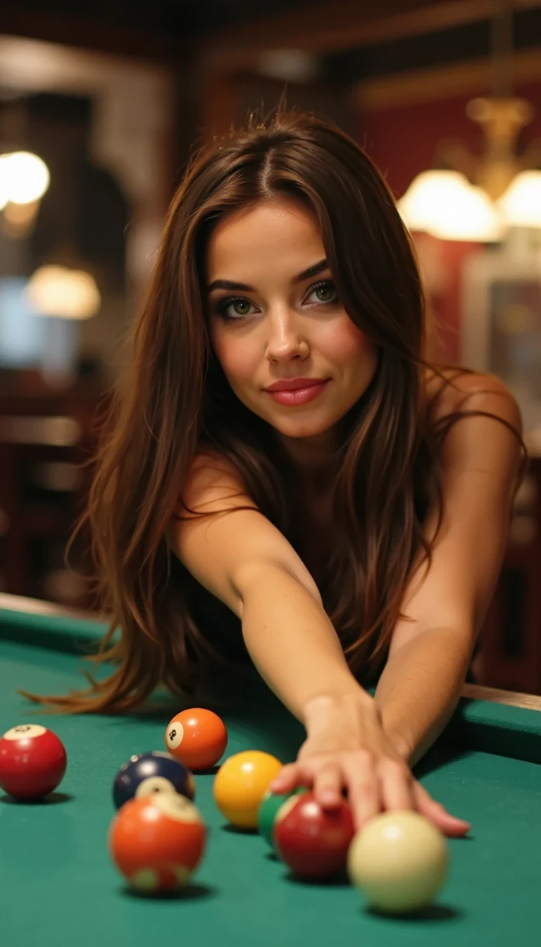iphone quality CSTMDL woman selfie wide angel, smile, big boobs, billiard table 