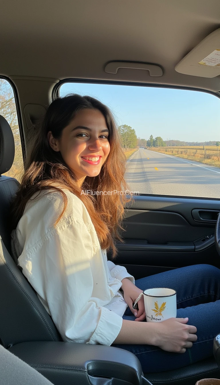 boring low quality snapchat photo circa 2025, A young woman with a friendly smile sits casually in the driver's seat of a modest, well-loved car. Her soft, wavy brown hair tumbles naturally over her shoulders as gentle sunlight pours through the window, illuminating her relaxed face. Inside, the car exudes a simple charm—with a slightly chipped coffee mug nestled in the cup holder and a tiny potted plant adding a touch of life to the dashboard. Through the window, a quiet country road flanked by tall trees and an endless blue sky forms a serene backdrop.