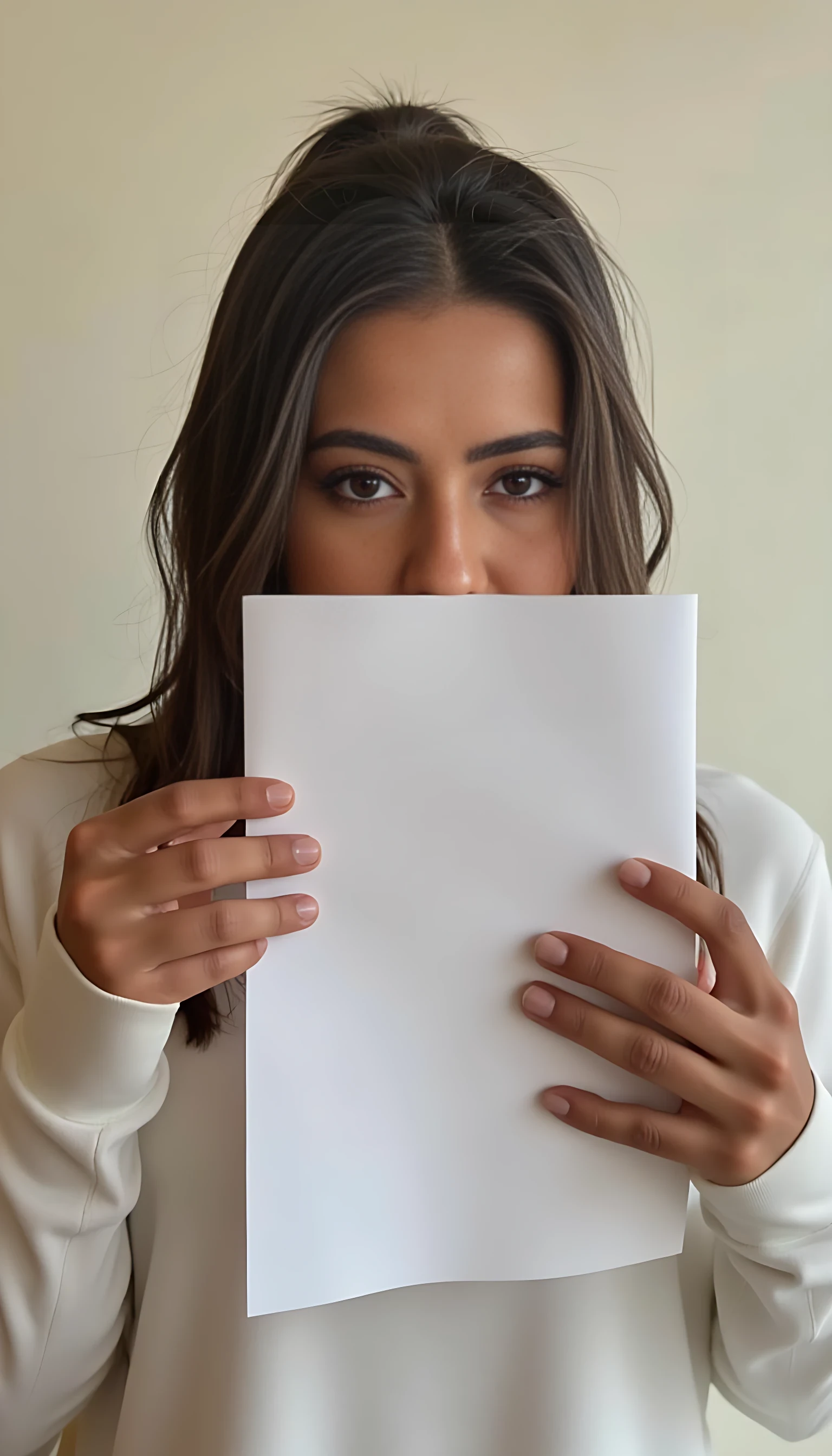 photo of woman CSTMDL, holding a piece of white paper, wall background, natural lighting, boring low quality snapchat photo circa 2015, selfie, cute woman, long sleeve clothes