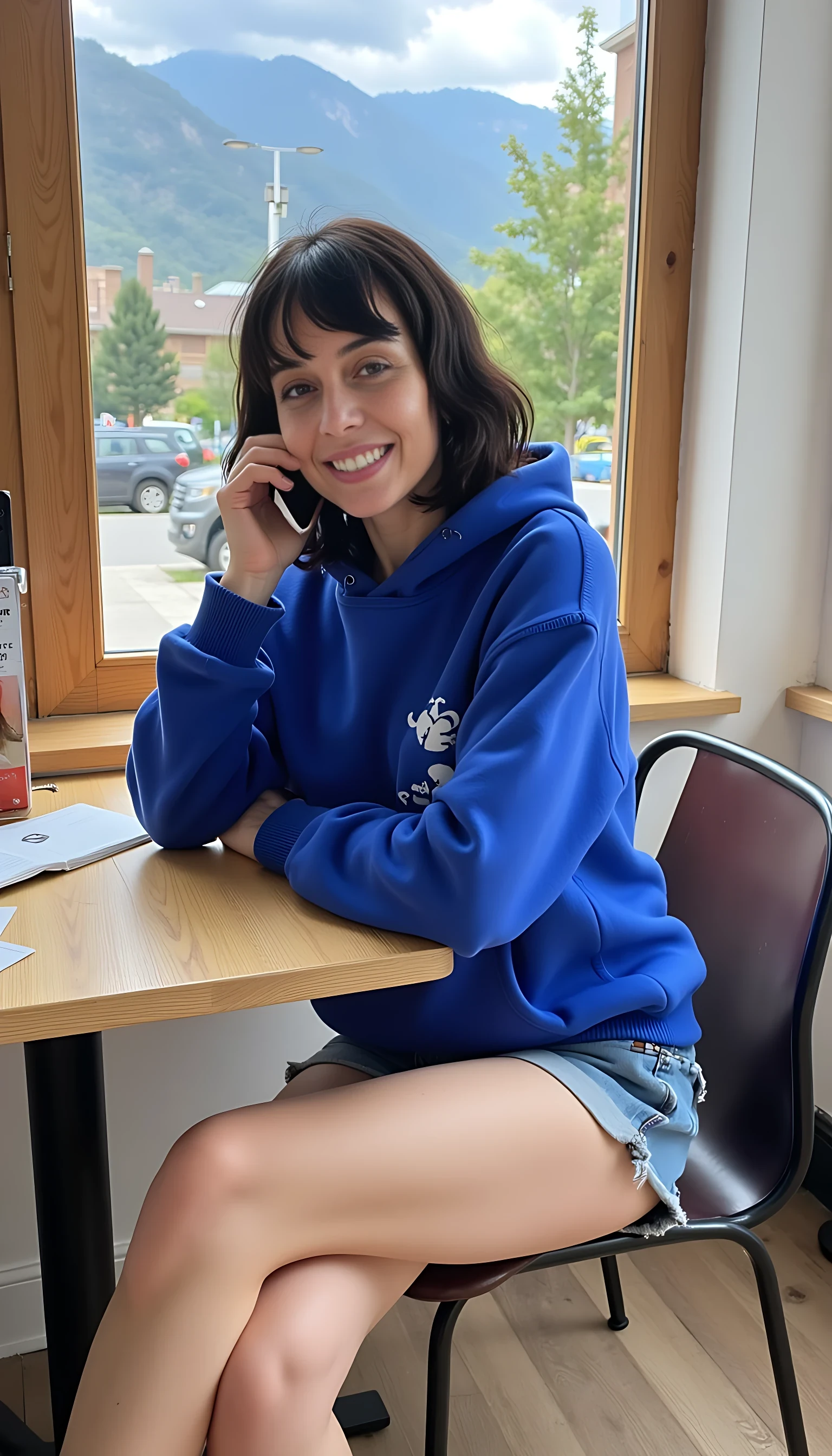 iphone portrait of CSTMDL woman younger Bob length hair hair makeup bangs cute smile brown eyes and sitting in cafe holding phone in busy restaurant wearing blue solid hoodie hoodie and shorts mountains background shopping bags 