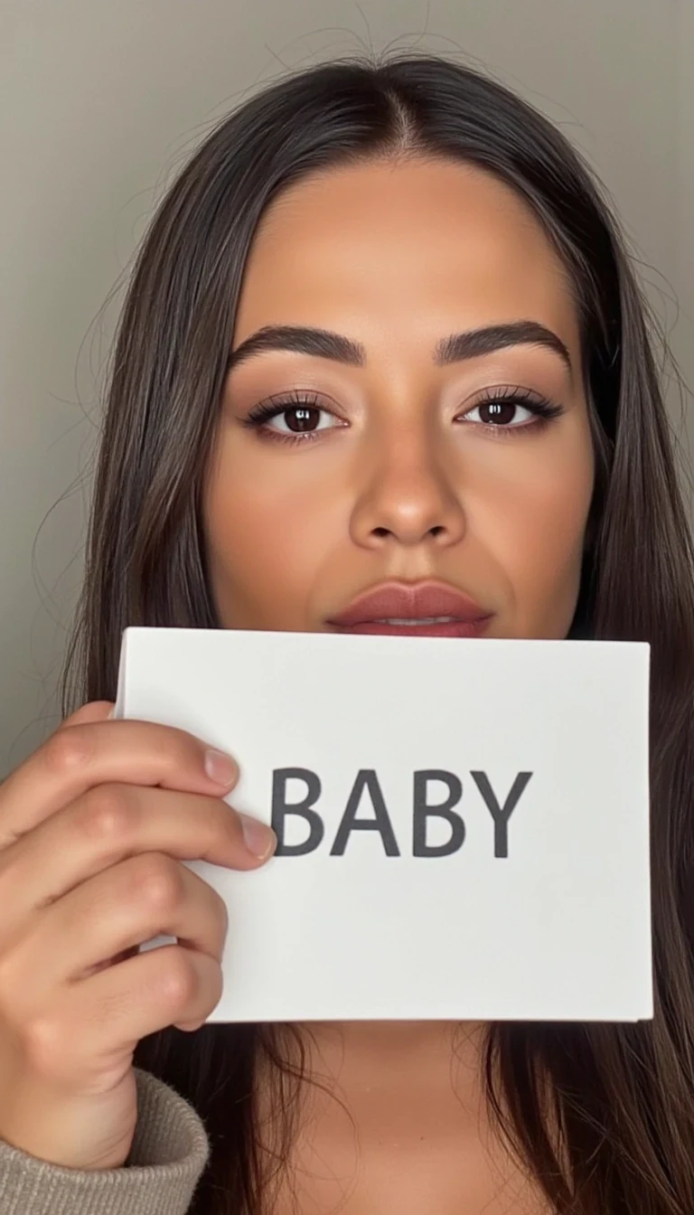 photo of woman CSTMDL,  boring low quality snapchat photo circa 2015, cute woman, selfie, holding a paper that says “BABY”, wall background 