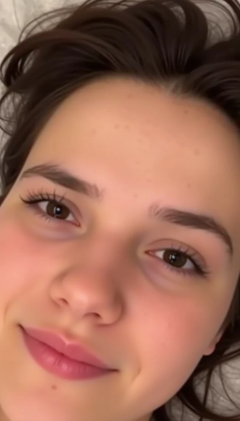 Boring low quality blurry snapchat circa 2015 capturing a close-up view of CSTMDL face pov selfie with hair messy and no makeup 

The background is blurred but appears to be a soft, white fabric, possibly a bed sheet, suggesting that the person is lying down. The lighting is soft and even, highlighting the natural textures and colors of the skin without harsh shadows. There are no other objects or people in the frame, making the subject the focal point. The overall tone of the image is intimate and personal.