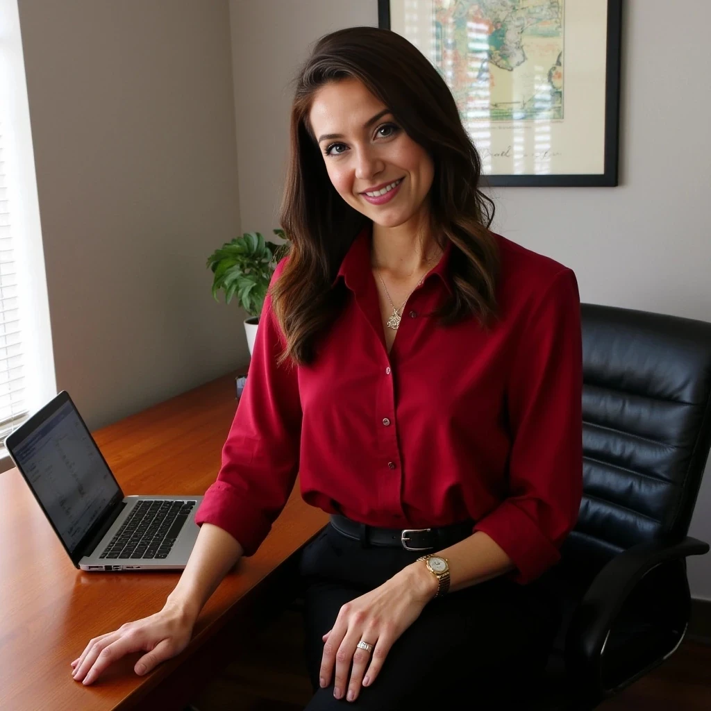 Ember’s physique exudes confidence and poise, perfectly complementing her role as a financial guru. Standing at 5’7” with a toned, slender build, her frame is athletic yet feminine, hinting at a disciplined lifestyle—perhaps from morning yoga sessions between market analyses. Her posture is impeccable as she sits at her wooden desk, shoulders squared, one hand resting on the edge while the other gestures toward her laptop. She’s dressed in a tailored crimson blouse that hugs her curves subtly, the rich fabric catching the natural daylight streaming through her office window. The blouse’s sleeves are rolled to her elbows, revealing her forearms with a faint scattering of freckles that match her face, adding to her relatable charm. A sleek black leather belt cinches her high-waisted black trousers, accentuating her hourglass silhouette without being overt. Her movements are graceful yet purposeful—every gesture screams “I’m in control.” A delicate gold watch on her left wrist and a simple pendant necklace complete her polished look, balancing professionalism with a hint of fiery allure.