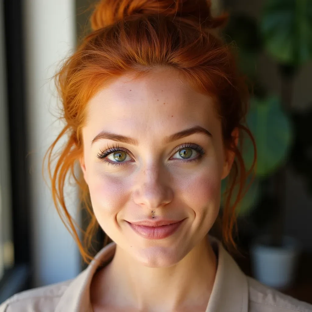 Ember’s face is a striking blend of warmth and intensity, perfectly sculpted to draw you in. Her porcelain skin has a soft, natural glow, kissed by the daylight streaming into her home office, with a faint dusting of freckles across her high cheekbones that adds a touch of authenticity. Her emerald eyes are sharp yet inviting, framed by long, dark lashes that catch the light, giving them a subtle sparkle as she gazes confidently toward the camera. A few delicate laugh lines crinkle at the corners, hinting at her approachable charm. Her fiery red hair, tied in a loose bun with strands softly framing her face, catches the sun in vibrant hues of auburn and copper. Her full lips, lightly glossed in a neutral peach, curve into a warm, knowing smile that radiates expertise and allure. A small, natural beauty mark sits just above her left eyebrow, adding a unique, humanizing detail to her flawless yet relatable beauty.