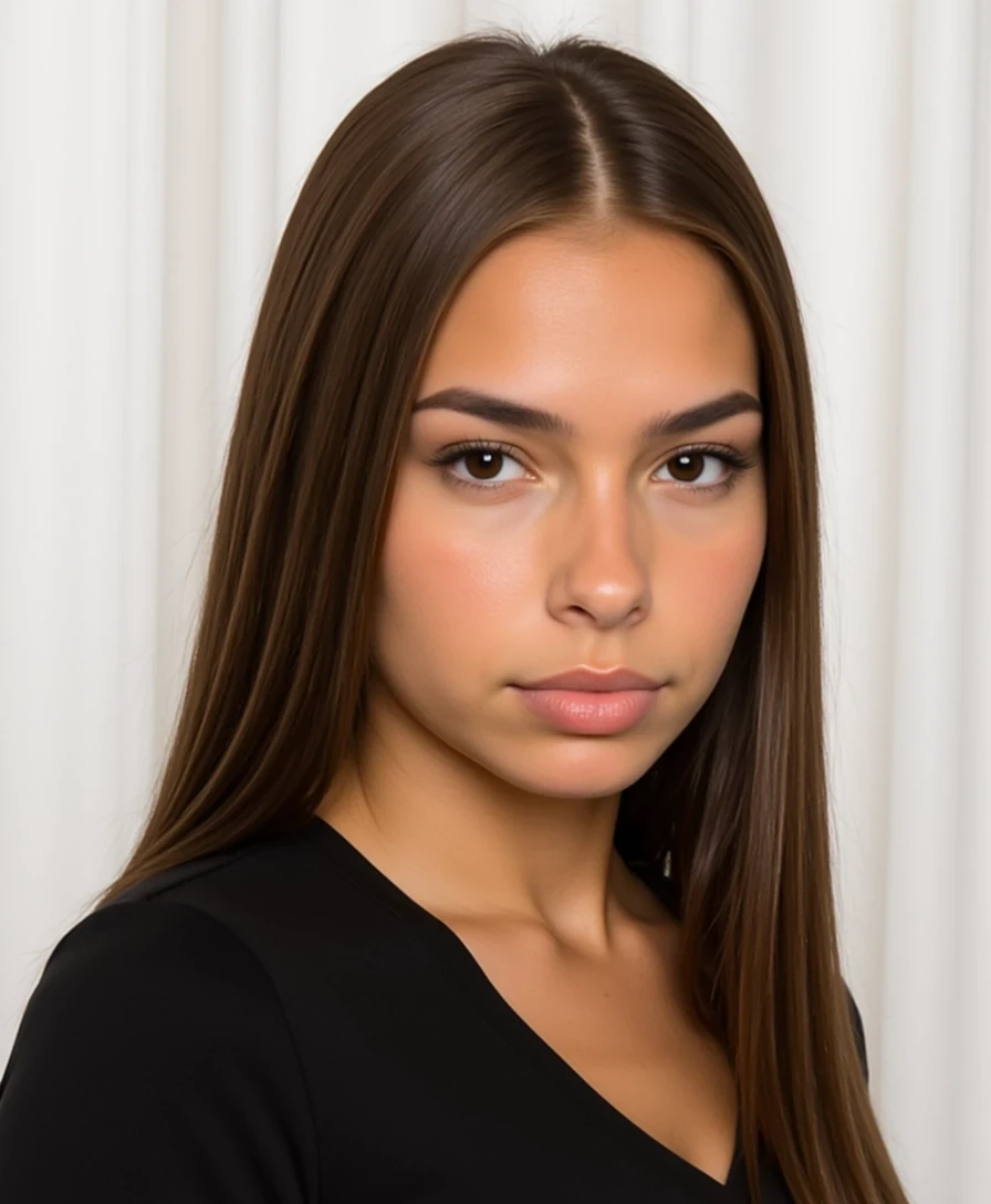 Picture of a CSTMDL
Big tits. Big ass. No hip dips. Fit. Wide hips.
She is an 18-year-old girl with long, smooth, medium-dark brown hair (straight to slightly wavy), parted near the center. Her eyes are large, almond-shaped, and warm brown with full lashes and arched brows. She has an hourglass figure: height ~64 in, bust 36 in (28 in underbust), waist 24 in, hips 39 in. Bust is full and projected, waist narrow and flat, hips broad and rounded with lifted glutes. Thighs are full (~24 in), tapering to proportional calves. Arms are slim (~9 in upper arm), shoulders softly broad and balanced with hips. Neck medium, torso compact with a narrow ribcage, legs long relative to torso. Posture upright with mild anterior pelvic tilt. Skin is smooth, lightly tanned, and even-toned.

Composition & Focus:
The framing centers tightly on the subject’s upper body, highlighting balance and symmetry. Soft daylight filters through sheer curtains behind her, creating a bright and natural backdrop that enhances her skin’s glow and the polished tones of the setting.

Expression & Mood:
Her expression is calm yet engaging — a poised confidence paired with a subtle, inviting smile. The direct gaze into the camera brings a personal, grounded energy to the portrait.

Styling & Lighting:

Outfit: A simple black top that contrasts cleanly against the light background, maintaining focus on form and expression.

Lighting: Natural daylight illuminates her features evenly, giving the image a smooth, sun-touched finish.

Makeup: Minimal yet refined — soft contour, warm blush, glossy lips, and accentuated eyes that add depth and intensity.

Atmosphere:
The overall tone is bright, intimate, and self-assured — a blend of casual ease and quiet allure, where simplicity and confidence become the focal points.