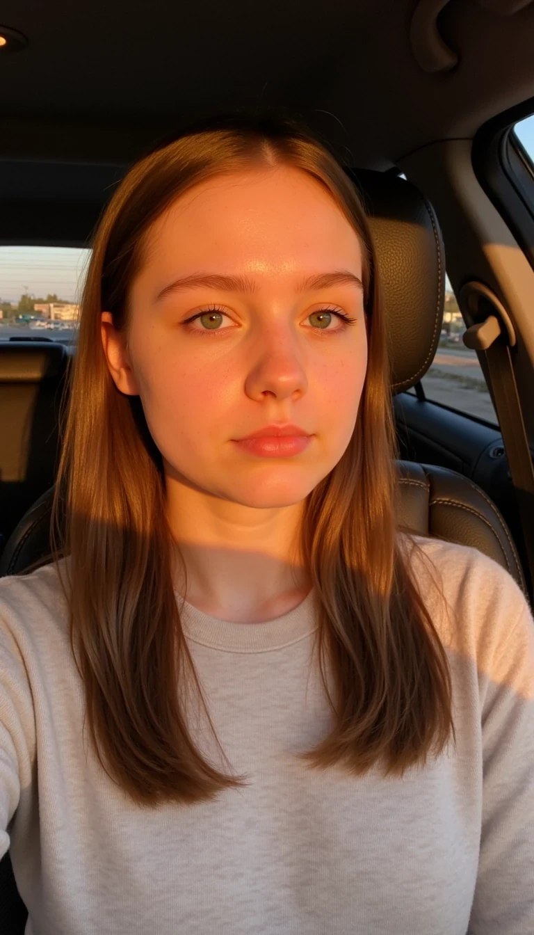 boring low quality snapchat photo circa 2015, cute girl, soft light brown hair, selfie in a car, The light from the setting sun gives a soft orange glow across her face and upper body, casting long shadows