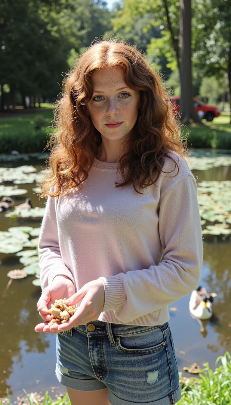 photo of woman CSTMDL, she has long curly auburn hair, very light blue eyes and fair skin. plump pink lips with a slight tint of red. she is smiling, looking away from the camera. she is a baby faced woman with striking light blue eyes and very fair skin and barely noticeable freckles and silky red auburn hair. She wears minimal makeup, with subtle mascara accentuating her long lashes and a natural red gloss on her lips while smiling 
A cute girl with curly red auburn hair, pin-straight hair stands at the edge of a tranquil pond, surrounded by the soft colors of nature. Her hair falls neatly down her back, catching glints of sunlight that make it almost shimmer like gold. She’s wearing a light pastel sweater and denim shorts, dressed casually but neatly, with a peaceful air about her.

In her hands, she gently crumbles bits of bread or bird feed, tossing them into the water with care. A group of ducks paddle eagerly toward her, rippling the surface of the calm water as they go. Some flap their wings gently or dip their beaks under the surface, while others already cluster near the shore, waiting for more.

The pond reflects the soft blue of the sky and the surrounding greenery, with patches of reeds and lily pads decorating the water’s edge. Sunlight filters through the trees above, casting dappled patterns on the girl and the ducks.

Her expression is calm and gentle, maybe even smiling slightly—completely absorbed in the moment. The whole scene gives off a serene, storybook-like feel, as if time has slowed just for this quiet interaction between girl and nature.
she is looking at the ducks, she is feeding ducks, her eyes are on the ducks