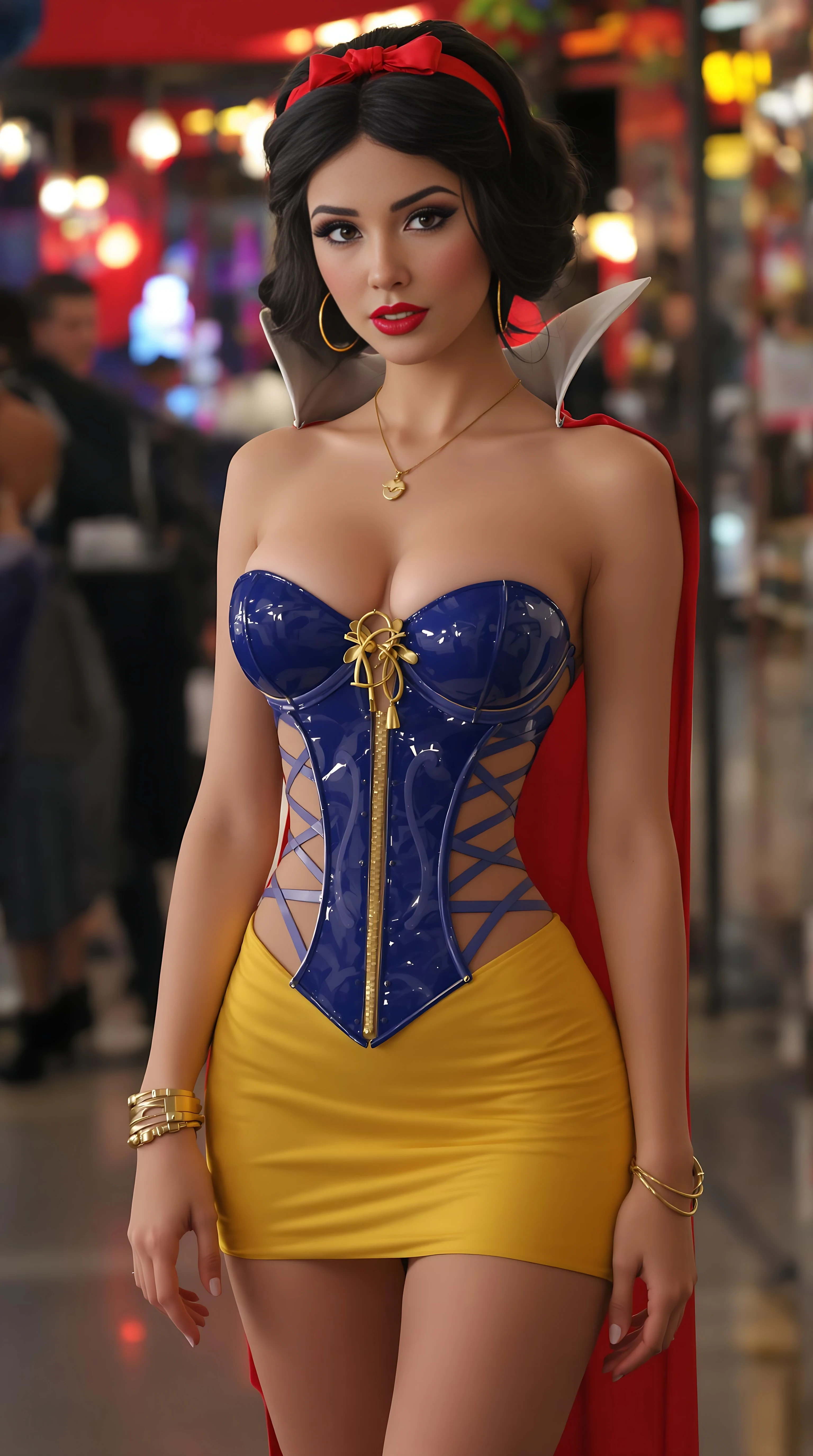 Hyper-realistic, modern Disney princess snow white, she the real disney princess snow white just upgradedand updated to modern times year 2025 21st century, shes wearing a skin-tight strapless backless corset inspired-style top and a skin-tight short micro tube short skirt, gold armlet, cute bracelet, flat stomach, full ultra-glossy lips, super thin outfit fabric, disney princess snow white was spotted leaving a nightclub tonight, her heels with ankle straps giving her a sluty walk, name necklace, snow white is a baddie and she proved it a bit to much tonight, guys couldn't keep their eye of her as she danced slowly and seductively tonight, her little skirt nicely and tightly squeezing her pretty ass,
