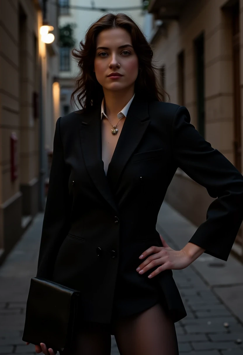 Woman CSTMDL, brunette, blue eyes, her hair are loose, she’s beautiful with a cold smile, wearing a tailored haute couture set, black blazer, black skirt, black tights and black high heels, elegant and modern, but very sexy. She also wears a white shirt under the blazer. Her clothes molds her sculptural body. Her expression is haughty and contemptuous. She looks like someone cold and unfriendly. Her skin tone is very white, (pallid), almost cadaveric. She’s wearing a small pendant. The background is a small deserted Parisian alley by (night). The light is very low, making the scene a bit worrying and frightening.