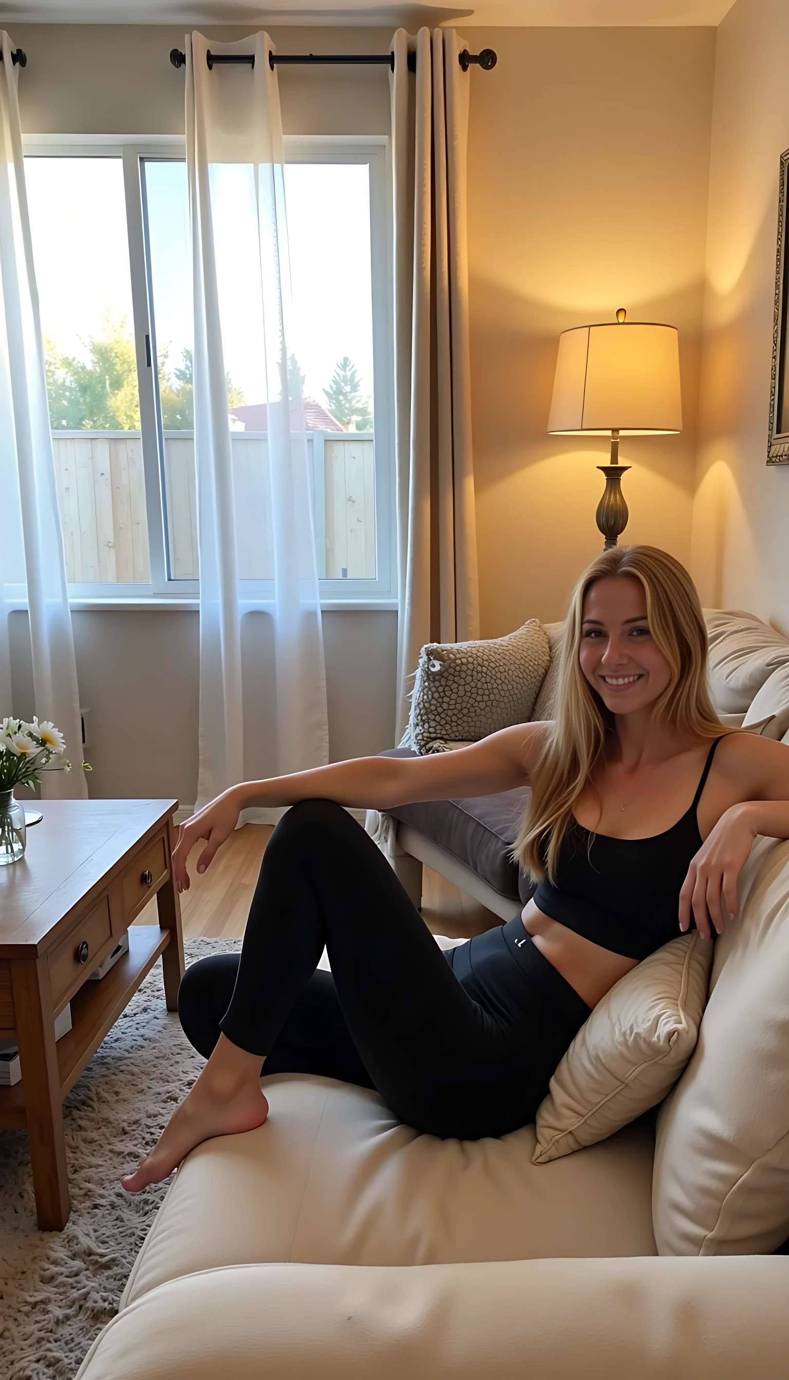 CSTMDL, Selfie POV photo of Emma Quinn with fair skin showing natural texture and faint freckles, slim build, average tits, and long reddish-blonde hair worn loose, capturing herself in her cozy living room at home, dressed in a pair of smooth black yoga pants and a lightly see-through black spaghetti strap top that hints at her average bust. Her posture is relaxed, lounging on a plush beige sofa with throw pillows, one leg bent and hand resting on a wooden coffee table with a vase of fresh daisies, her face lit with a content smile directed at the camera. The room features a large window with sheer ivory curtains letting in early evening light at 06:37 PM PDT on August 10, 2025, a soft gray rug, and a warm glow from a floor lamp with a fabric shade, rendered in 4K with detailed fabric textures and diffused lighting enhancing the homey influencer vibe.