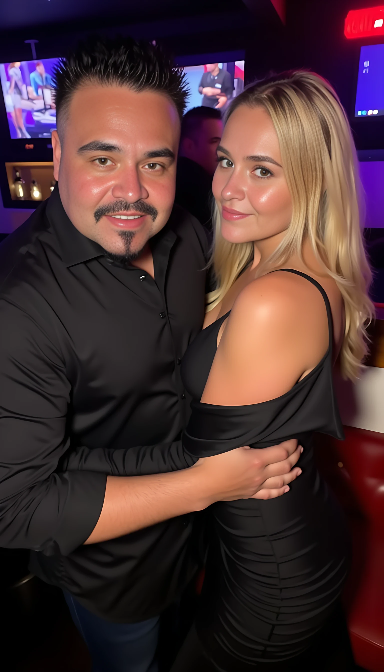 full man body wearing a  nice black dress shirt   Hugging a 2 beautiful  blonde woman with blue eyes and curvy body in sexy dresses in a nightclub background 
