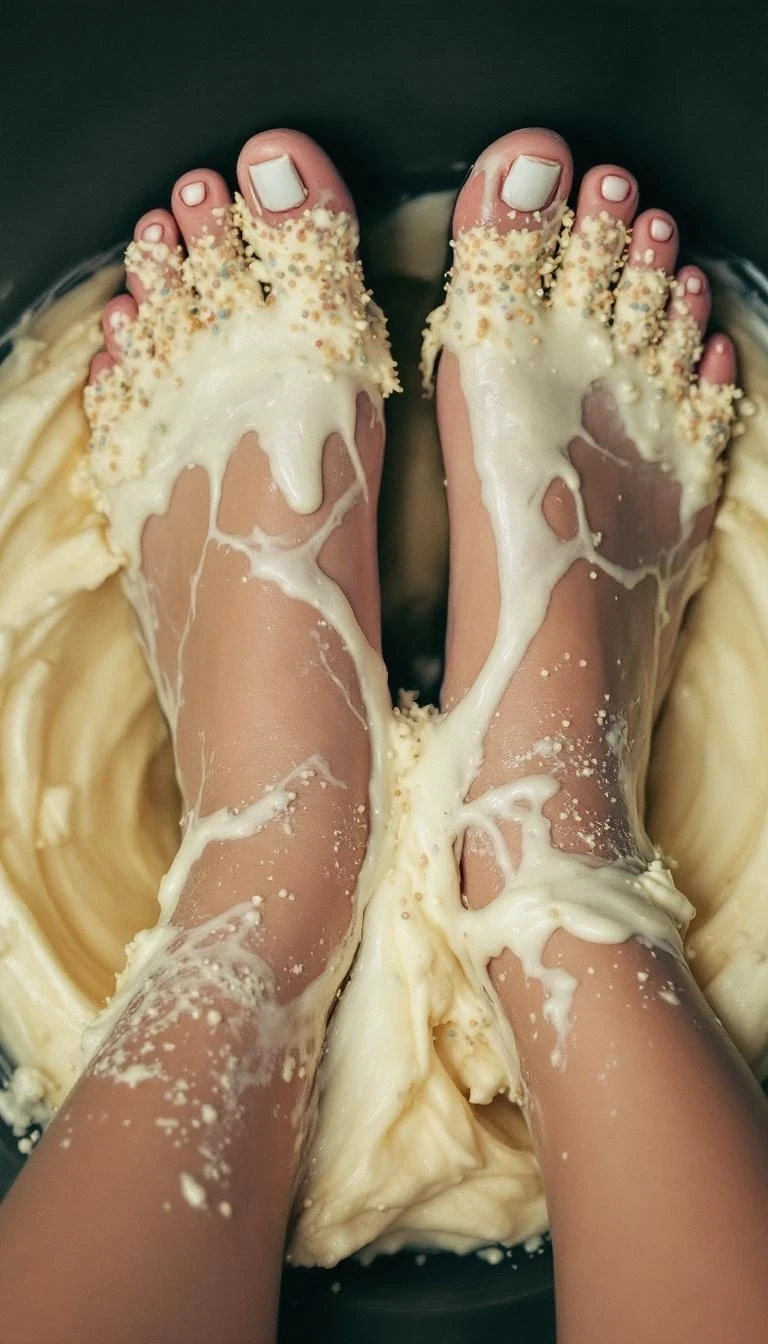 A boring low quality snapchat photo circa 2012, a closeup photo of a young woman's feet, dipped into a smashed vanilla cake with sprinkle frosting , the cake is between her toes and he feet have icing on them up to her ankles